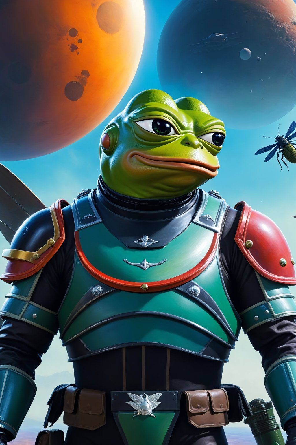 Pepe the frog wearing helldiver Armor, fighting against giant alien insects, background(alien planet), fantasy, Oil painting, heavy brush strokes, colourful, epic art, (masterpiece, highres, high quality:1.2), ambient occlusion, low saturation, High detailed, Detailedface, Dreamscape