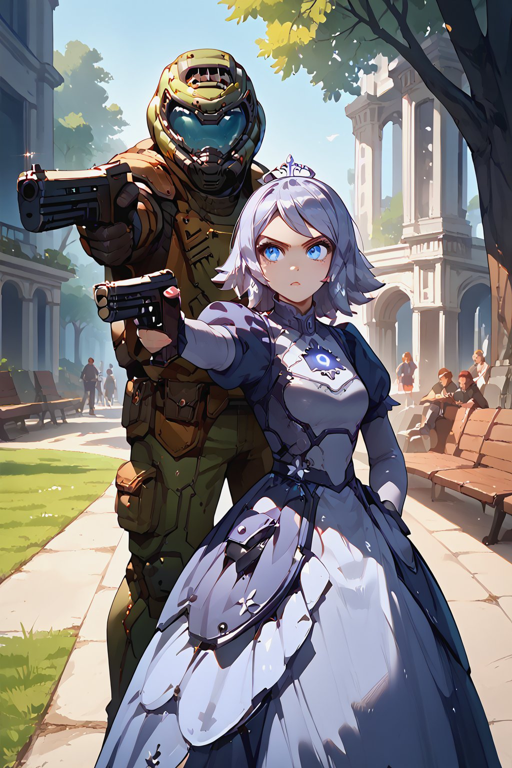 score_9, score_8, score_7, score_7_up, score_8_up, 1boy\(male human, tall, armor, Doomguy Helmet\) grabbing 1girl\(Emily, short, wearing a dress, TURKISH KILLER POSE,HOLDING HANDGUN,LOOKING AT GUN, AIMING, HAND IN POCKET), park, hetero, western style