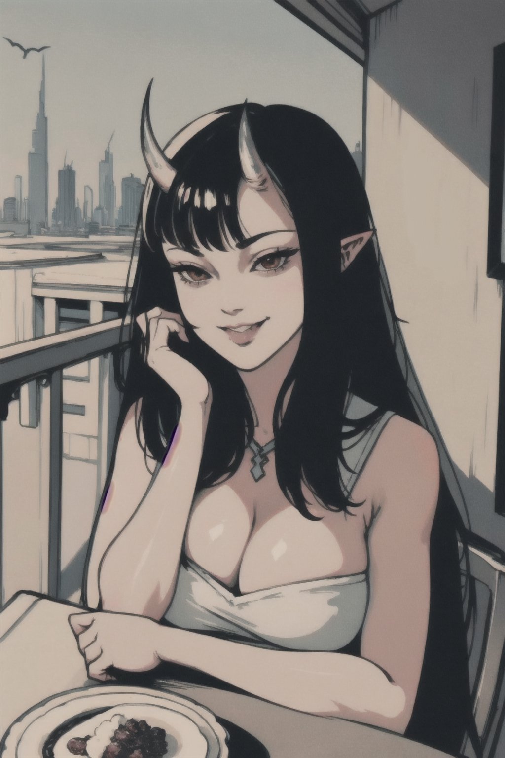 pov across table, looking at viewer, sitting, solo, cup of coffee, table, plate, fork, depth of field, food, spoon, head rest, woman\(slim body, young, Oni horns, demon elf ears, long black hair, red eyes, jewelery, bridal gauntlets, rings, amulets, eyelashes, large cleavage, wearing full harem dress, sandal, feminine, beautiful, mistress\), The scene should convey a seductive and smug smile expression on her face, with an air of arrogance as she maintains eye contact with the viewer, blurry background(luxurious arabian balcony, outdoor, sky, day, Dubai city, pillows),(masterpiece, highres, high quality:1.2), ambient occlusion, low saturation, High detailed, Detailedface, break CONCEPT_pov_dating_ownwaifu,www.ownwaifu.com