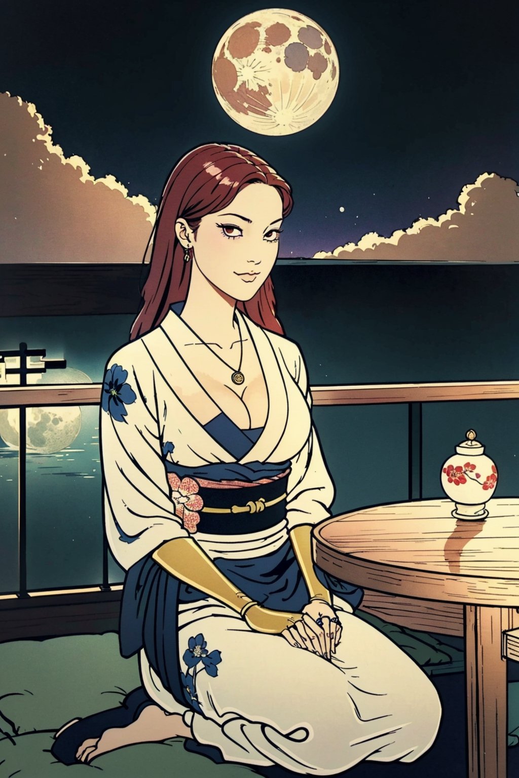 woman\(slim body, long red hair, red eye color, jewelery, bridal gauntlets, rings, amulets, eyelashes, big breasts, large cleavage, wearing yukata, sandal, feminine, beautiful, mistress\) The scene should convey a seductive and arrogant smug expression on her face, with an air of arrogance as she maintains eye contact with the viewer, (full body), sitting, background(luxurious japanese balcony, pillows, sky, night, moon, table(sake), pots with flowers),(masterpiece, highres, high quality:1.2), ambient occlusion, low saturation, High detailed, Detailedface