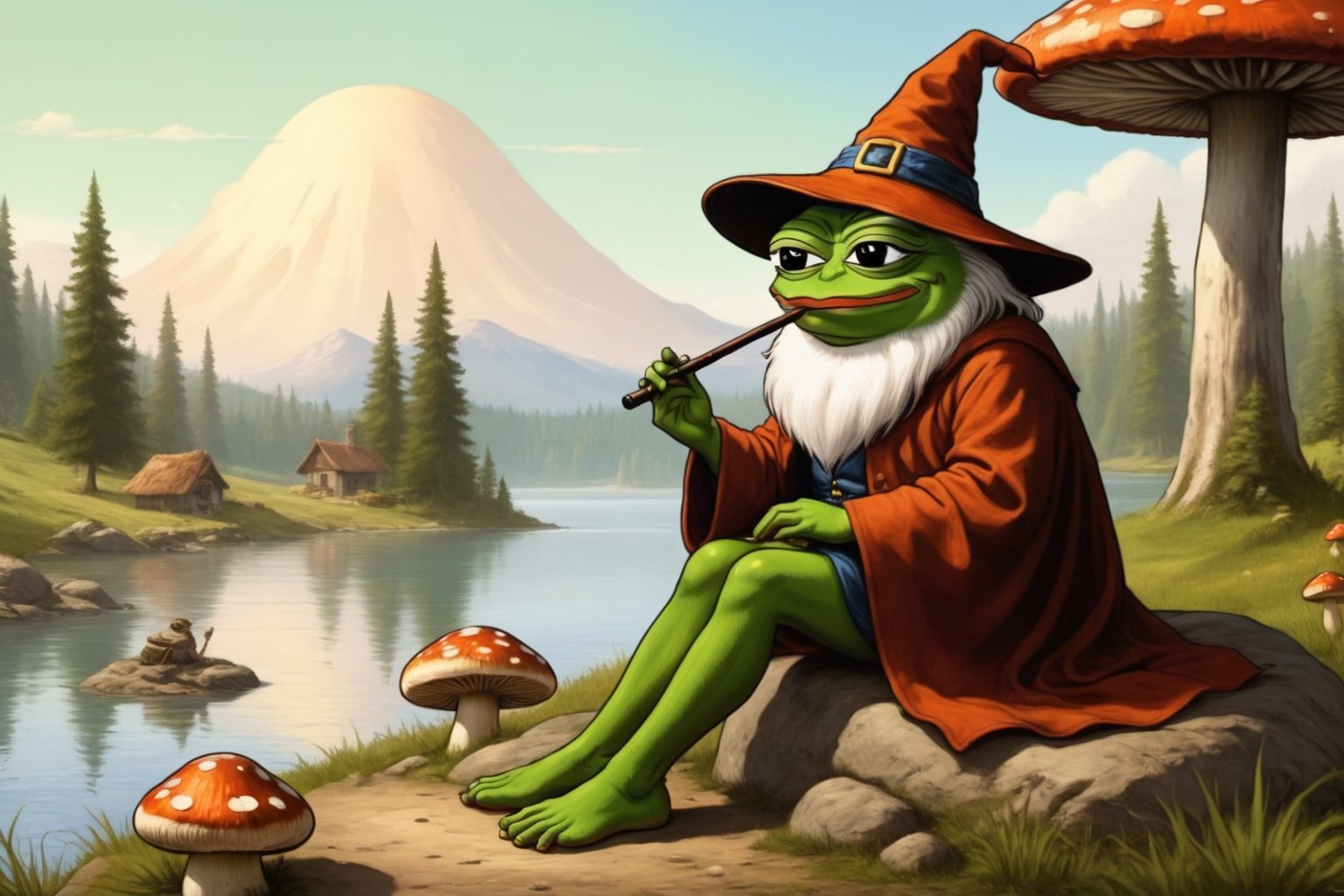 Pepe(frog, old, wearing wizard robe, long white beard, wizard, smoking pipe), sitting and resting on lakeside, background(outdoor, giant mushrooms, day),(masterpiece, highres, high quality:1.2), ambient occlusion, low saturation, High detailed, Detailedface, (shot from distance),Wojak,Retro art