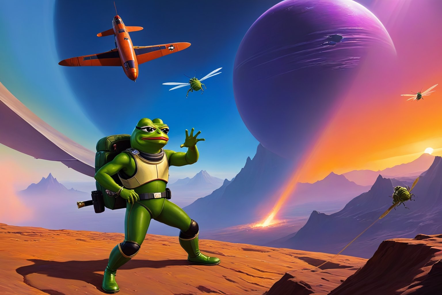 Pepe the frog and chad wojak both wearing helldiver, having a great time, fighting against giant alien insects, background(alien planet), fantasy, Oil painting, heavy brush strokes, colourful, epic art, (masterpiece, highres, high quality:1.2), ambient occlusion, low saturation, High detailed, Detailedface, Dreamscape