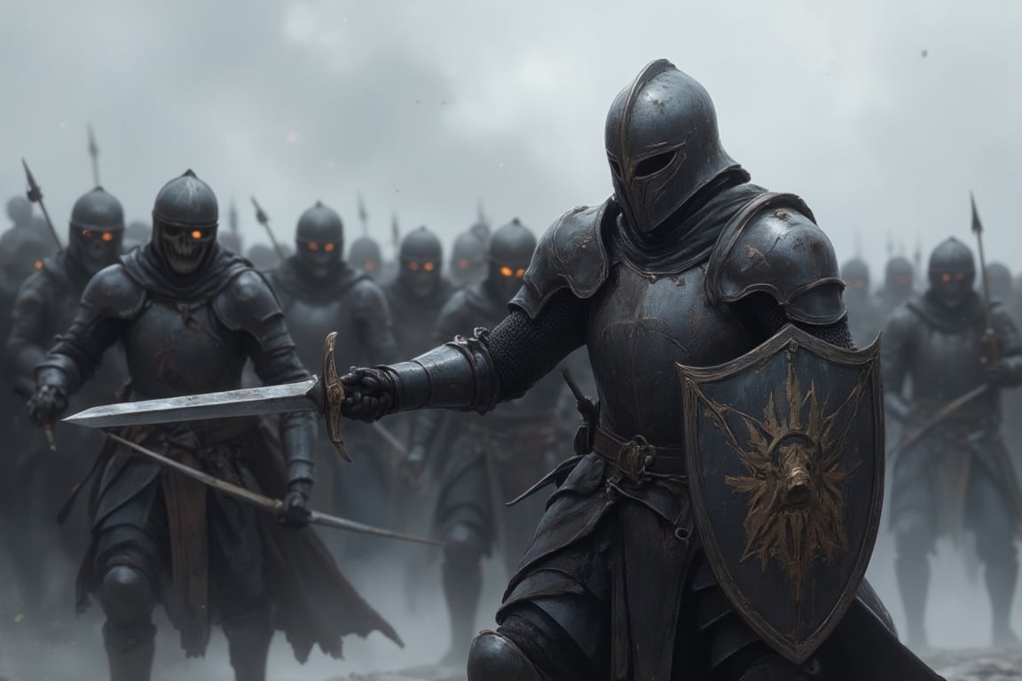 A highly detailed, photorealistic scene depicts a lone knight, his face obscured by a weathered steel helmet adorned with scratches and dents, fighting against a relentless horde of skeletal undead with glowing embers in their hollow eyes. His worn, battle-scarred armor bears the scars of countless battles, with subtle rust and wear on the joints, as he wields a shining sword with deadly precision, its blade etched with intricate engravings. In his left hand, a battered shield with visible dents and scratches deflects incoming strikes and arrows, its surface reflecting the faint, eerie glow of the skeletons. The skeleton warriors press in from all sides, their rusted swords and ancient bows at the ready, their bony fingers grasping the weapons with an unnatural grip. The air is thick with the sounds of clashing steel, rattling bones, and the knight's labored breathing, as he fends off each attack with skill and determination, his movements swift and precise. The fog surrounding the battlefield adds a sense of eerie isolation, shrouding the figures in a ghostly mist that clings to their armor and bones, with faint, misty tendrils curling around the knight's legs. The skeletons move in unison, driven by an unnatural force, their movements stiff and jerky, while the knight, his face hidden, remains steadfast, fighting against overwhelming odds in the midst of the chaotic, fog-filled scene, his very presence a beacon of hope in the desolate landscape.