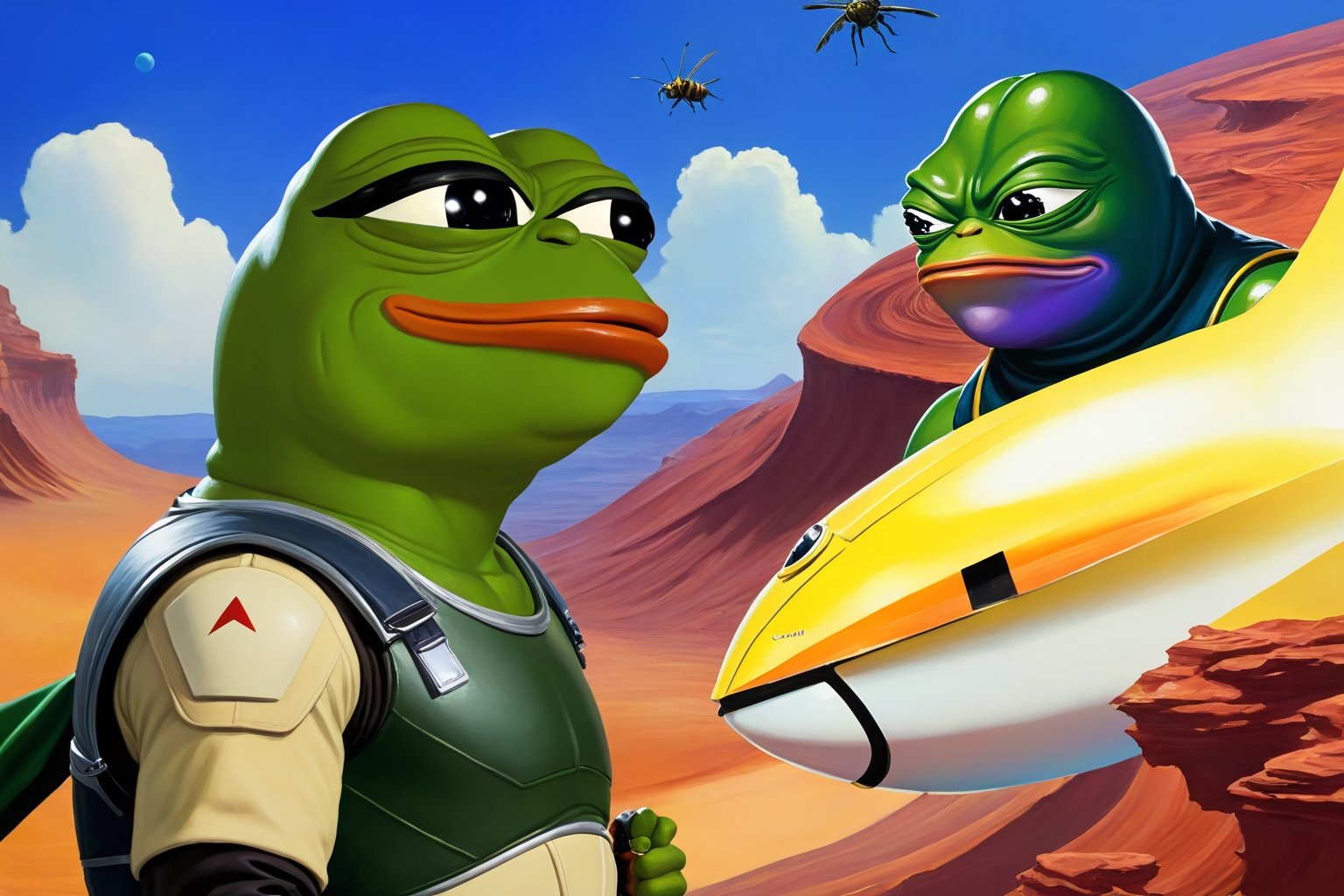 Pepe the frog and chad wojak both wearing helldiver, having a great time, fighting against giant alien insects, background(alien planet), fantasy, Oil painting, heavy brush strokes, colourful, epic art, (masterpiece, highres, high quality:1.2), ambient occlusion, low saturation, High detailed, Detailedface, Dreamscape