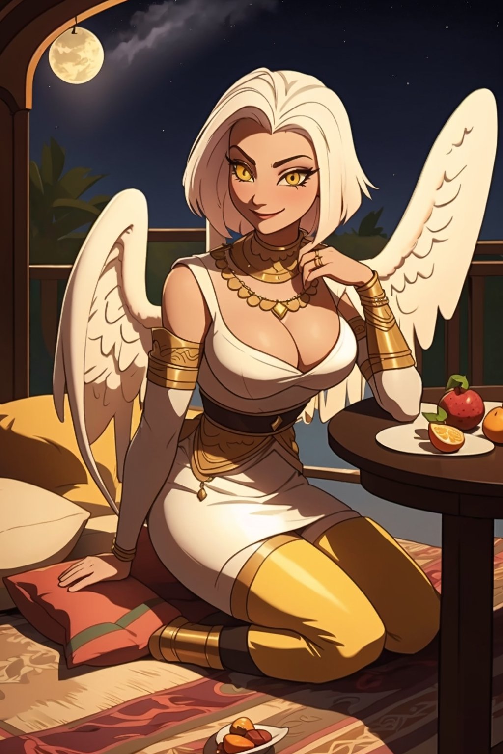 Lute\(thicc body, angel wings, white hair, yellow eyes, jewelery, bridal gauntlets, rings, amulets, eyelashes, large cleavage, wearing full harem dress, sandal, feminine, beautiful, mistress\), sitting on matress, The scene should convey a seductive smile expression on her face, with an air of cuteness as she maintains eye contact with the viewer, background(luxurious arabian balcony, pillows, sky, night, table(fruits)),(masterpiece, highres, high quality:1.2), ambient occlusion, low saturation, High detailed, Detailedface,Lut