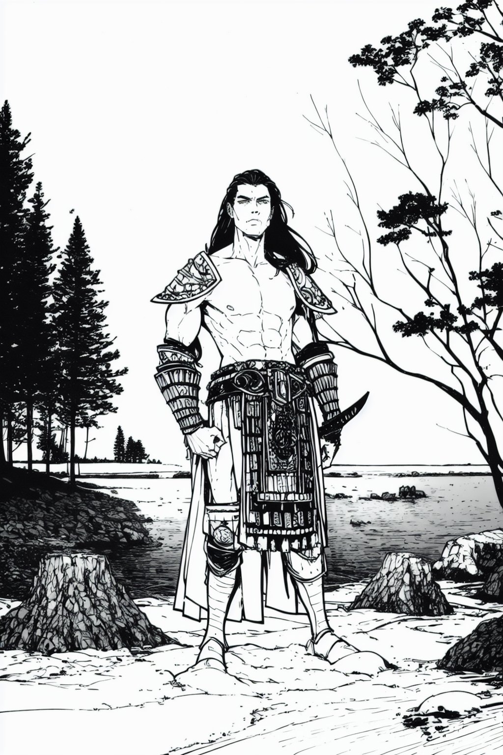 1boy\(male, handsome, young 15 year old, long black hair, viking warrior, tall, musclar, armor, strong jaw, sharp cheekbones, thin lips, shirtless, full body\), standing, background(day, outdoor, sky, ocean, trees) (masterpiece, highres, high quality:1.2), ambient occlusion, outstanding colors, low saturation,High detailed, Detailedface, Dreamscape, Kirk_sketch, Black and white,VikingAlpha