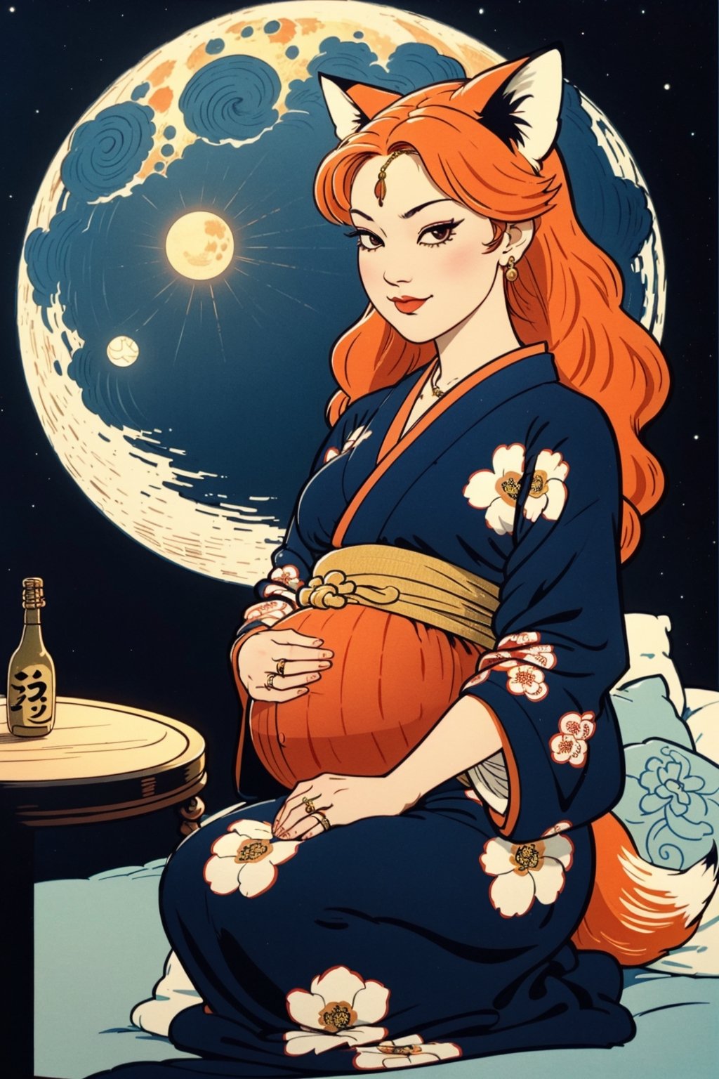 woman\(slim body, long orange hair, red eye color, jewelery, bridal gauntlets, rings, amulets, eyelashes, large cleavage, wearing yukata, pregnant, sandal, feminine, beautiful, mistress, youkai, fox ears, fox tails\) The scene should convey a seductive and arrogant smug expression on her face, with an air of arrogance as she maintains eye contact with the viewer, (full body), sitting, background(luxurious japanese balcony, pillows, sky, night, moon, table(sake), pots with flowers),(masterpiece, highres, high quality:1.2), ambient occlusion, low saturation, High detailed, Detailedface