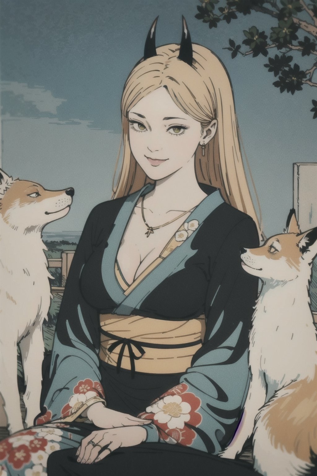 woman\(slim body, long blonde hair, yellow eye color, horns, jewelery, bridal gauntlets, rings, amulets, eyelashes, big breasts, large cleavage, wearing yukata, sandal, feminine, beautiful, mistress, holding a fox\) The scene should convey a seductive smile on her face, with an air of smugness as she maintains eye contact with the viewer, (faull body), sitting, background(rural area, animals, day, sky, sun),(masterpiece, highres, high quality:1.2), ambient occlusion, low saturation, High detailed, Detailedface, (shot from distance)