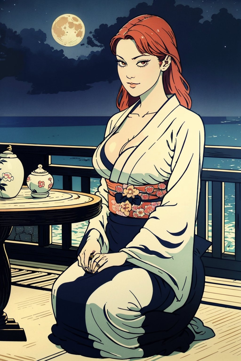 woman\(slim body, long red hair, red eye color, jewelery, bridal gauntlets, rings, amulets, eyelashes, big breasts, large cleavage, wearing yukata, sandal, feminine, beautiful, mistress\) The scene should convey a seductive and arrogant smug expression on her face, with an air of arrogance as she maintains eye contact with the viewer, (full body), sitting, background(luxurious japanese balcony, pillows, sky, night, moon, table(sake), pots with flowers),(masterpiece, highres, high quality:1.2), ambient occlusion, low saturation, High detailed, Detailedface