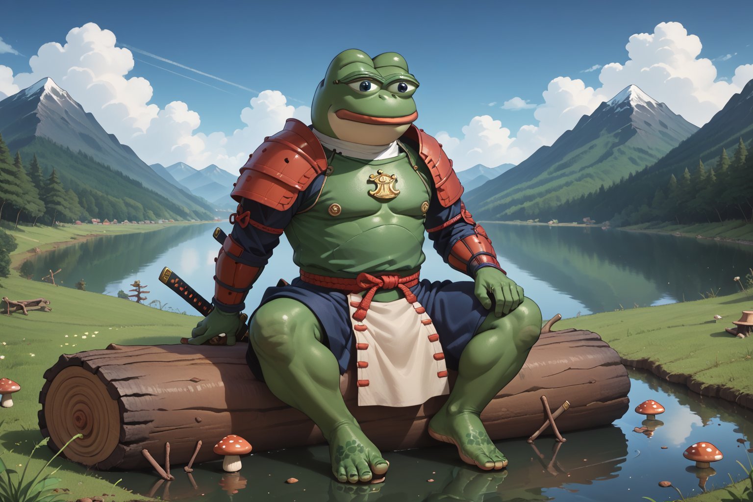 score_9, score_8, score_7, score_7_up, score_8_up, pepe the frog(wise, green skin, frog feet, quiet, wearing samurai armor with helmet and cuirass, ornate, light steel plate design which is worn over cloth padding, katana on his belt), (full body) sitting on a log, coffee and rice on the table, campfire, background(mountain, giant mushrooms, lake, night), (solo), (masterpiece, highres, high quality:1.2), ambient occlusion, low saturation, High detailed, anime