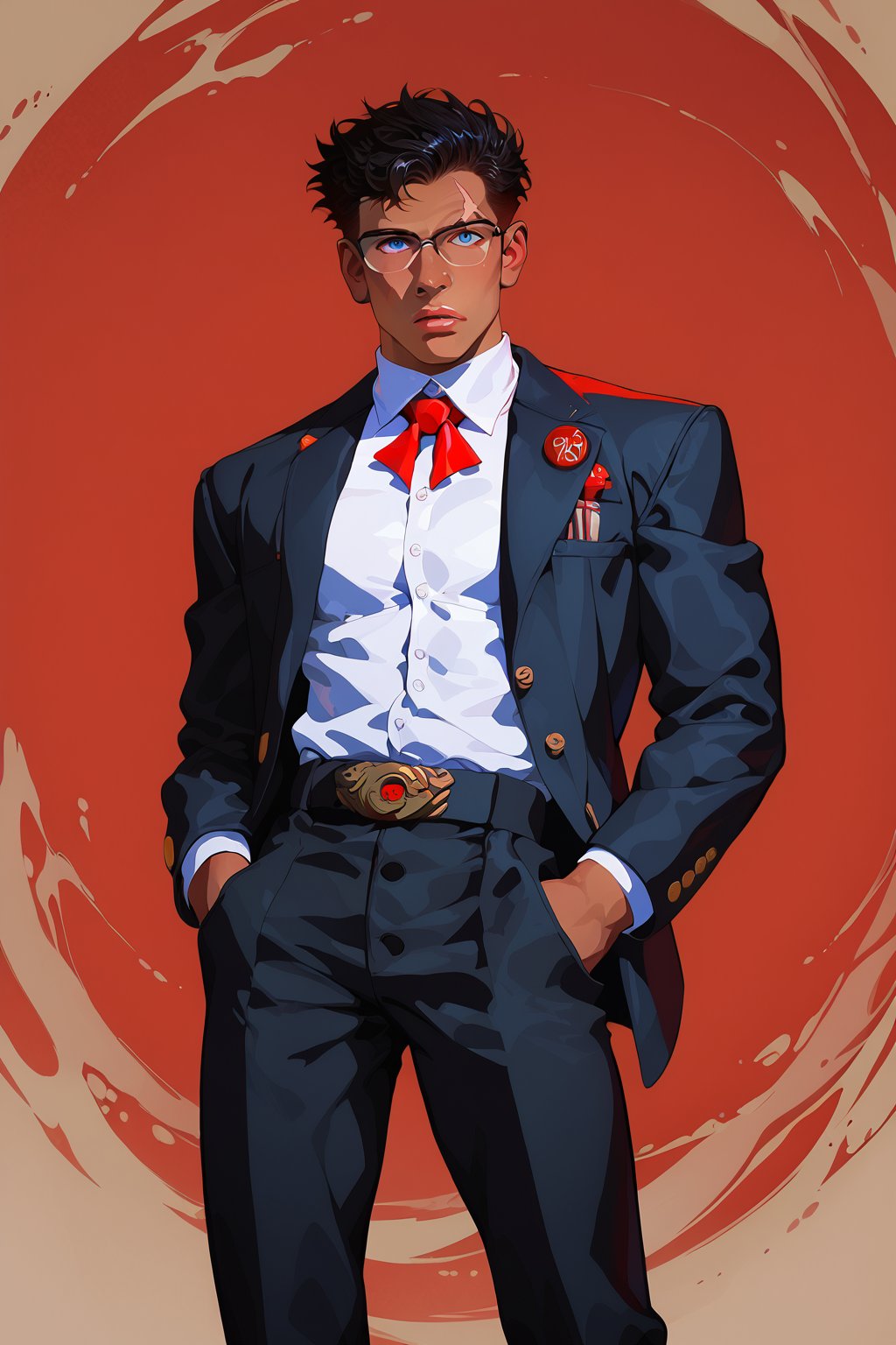 score_9, score_8, score_7, score_7_up, score_8_up, male focus, man\(young, 20 year old, handsome, masculine, wearing black business suit with red tie and (cowbow hat), glasses, pip-boy on his left arm, tanned skinned, scars, short black hair, tall, muscles, strong jaw, sharp cheekbones, thin lips, blue eyes, hand in pocket\), standing, holding a pistol, pointing at you, flat expression, looking away, mojave desert,falloutcinematic, retro futurism, western style, fallout, g4n1m3