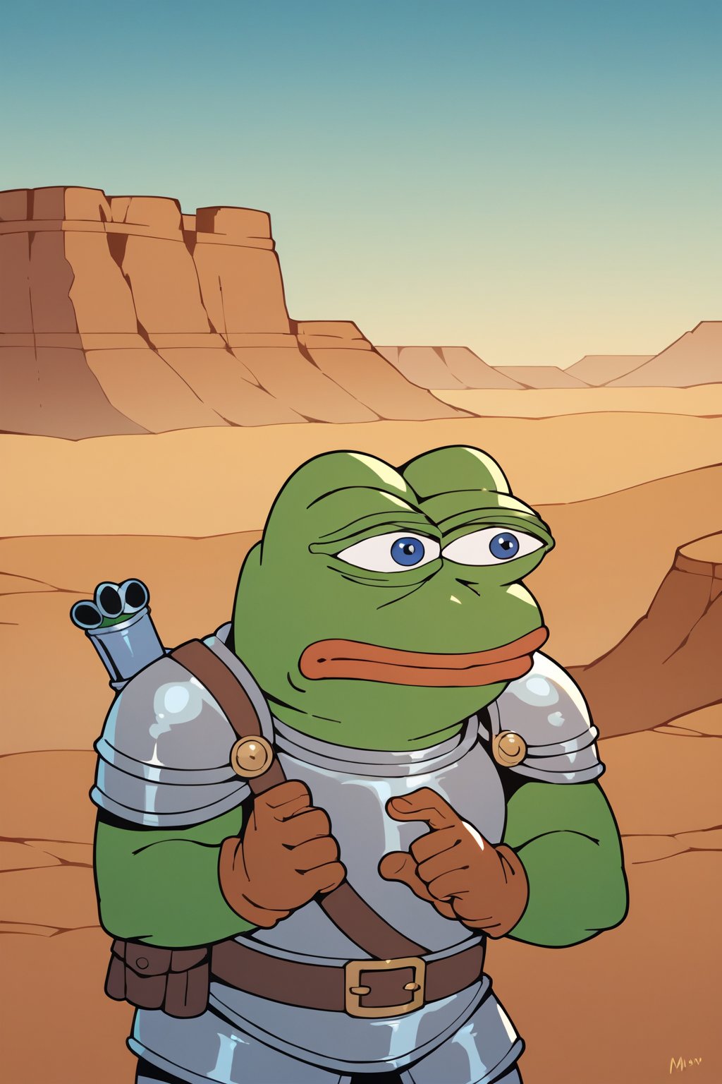 score_9, score_8, score_7, score_7_up, score_8_up, pepe the frog wearing roman armor, mojave desert, exterior, night