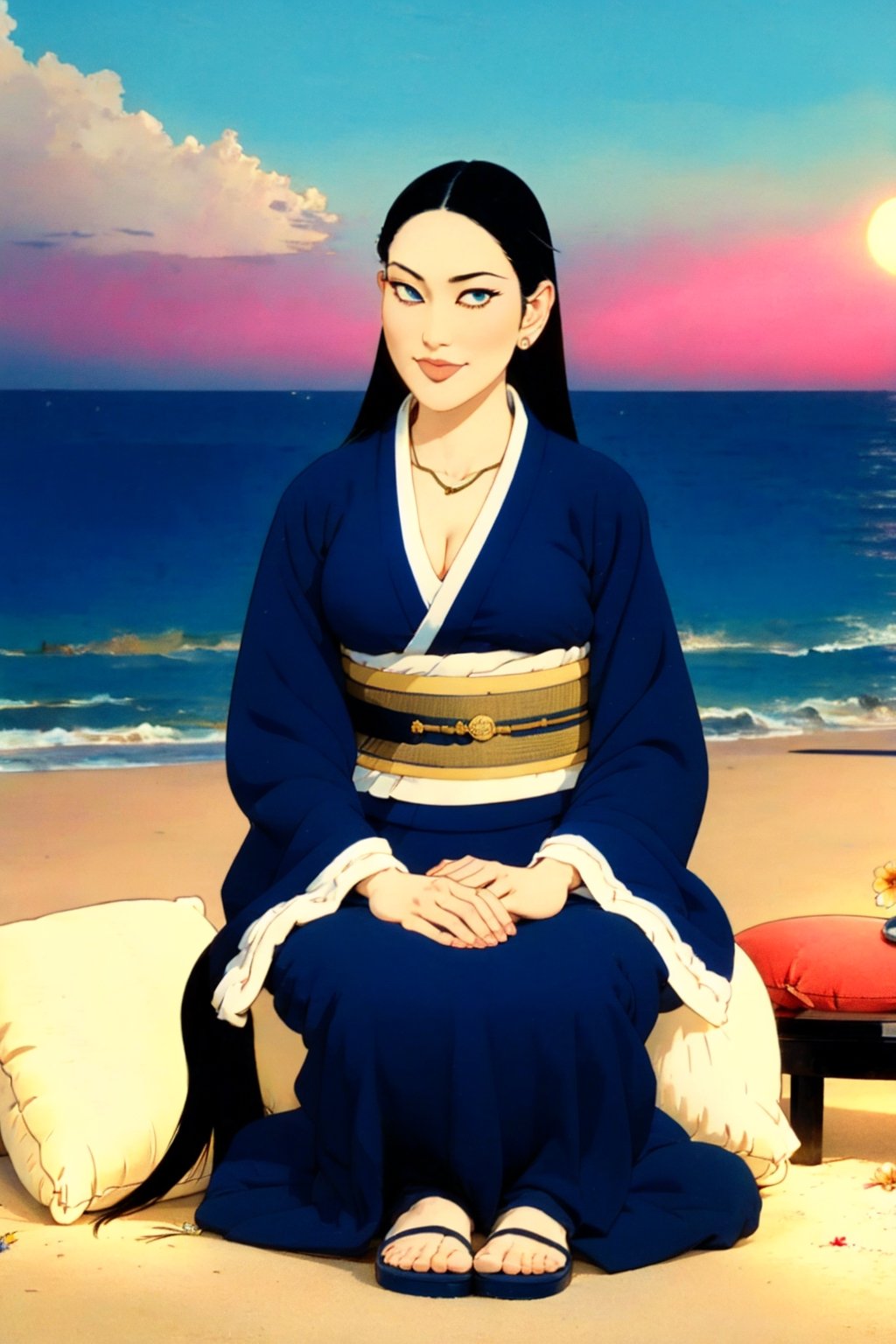 woman\(unohana retsu, mature body, perfect body, black hair, blue eye color, jewelery, bridal gauntlets, rings, amulets, eyelashes, large breasts, large cleavage, pregnant, wearing yukata, sandal, feminine, beautiful, mistress\) The scene should convey a seductive and arrogant smug expression on her face, with an air of arrogance as she maintains eye contact with the viewer, (full body), sitting, background(beach, restaurant, pillows, sky, day, sun, table(sake), pots with flowers),(masterpiece, highres, high quality:1.2), ambient occlusion, low saturation, High detailed, Detailedface