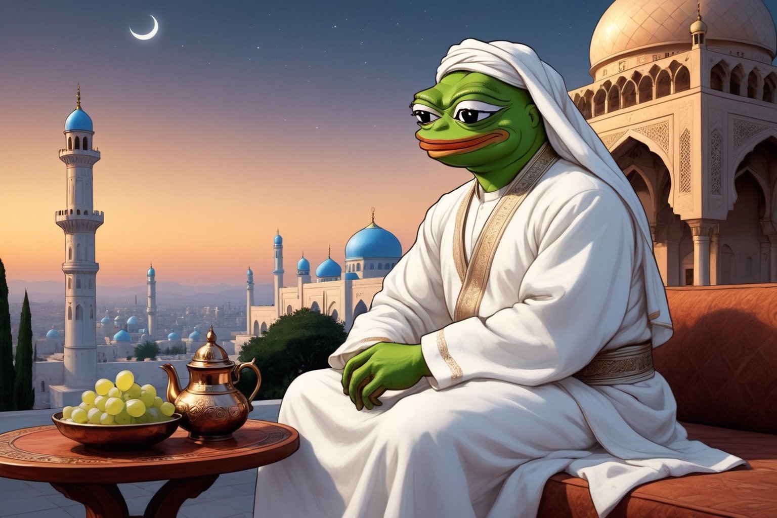 pepe(frog, wise, quiet, wearing white Ihram, Arabian outfit, muscular, tall), (full body) sitting on a mattress, tea and grapes on the table, background(mosques, exterior, Arabian city, night),(masterpiece, highres, high quality:1.2), ambient occlusion, low saturation, High detailed, Detailedface, (shot from distance), Ramadan, Islam 