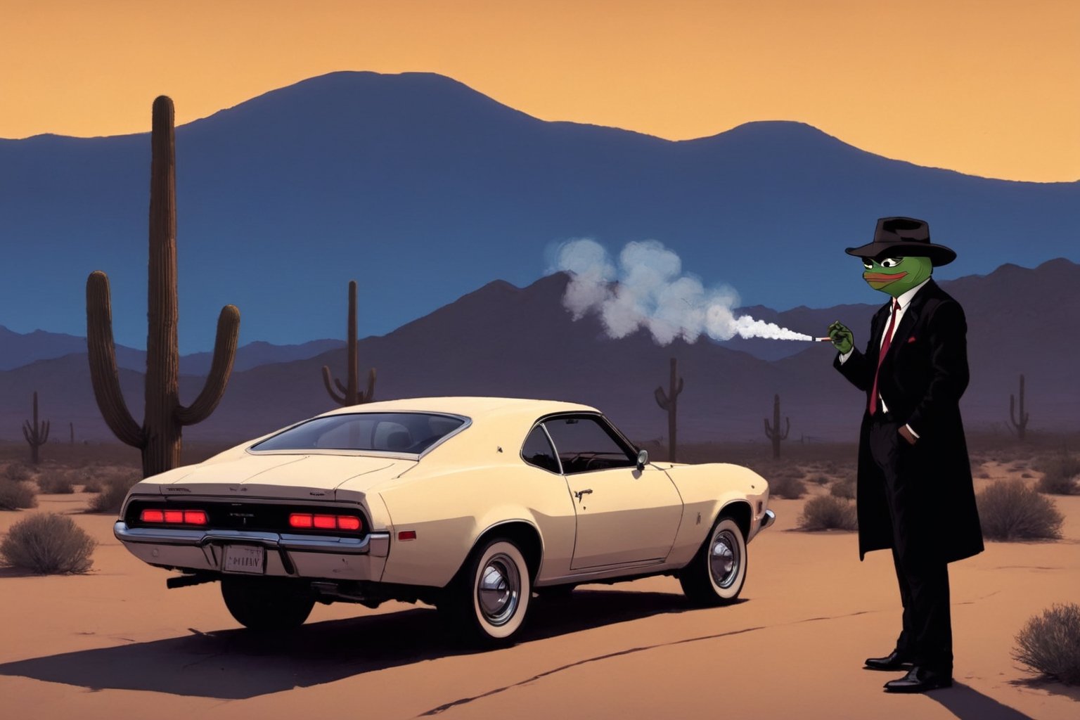 score_9, score_8, score_7, Pepe(frog, tall, young, wearing black business suit with tie, cowboy hat, smoking cigarette), in front of his classic vintage car, background(Mojave desert, night), background(outdoor, day),(masterpiece, highres, high quality:1.2), ambient occlusion, low saturation, High detailed, Detailedface, (shot from distance),Retro art,Wojak