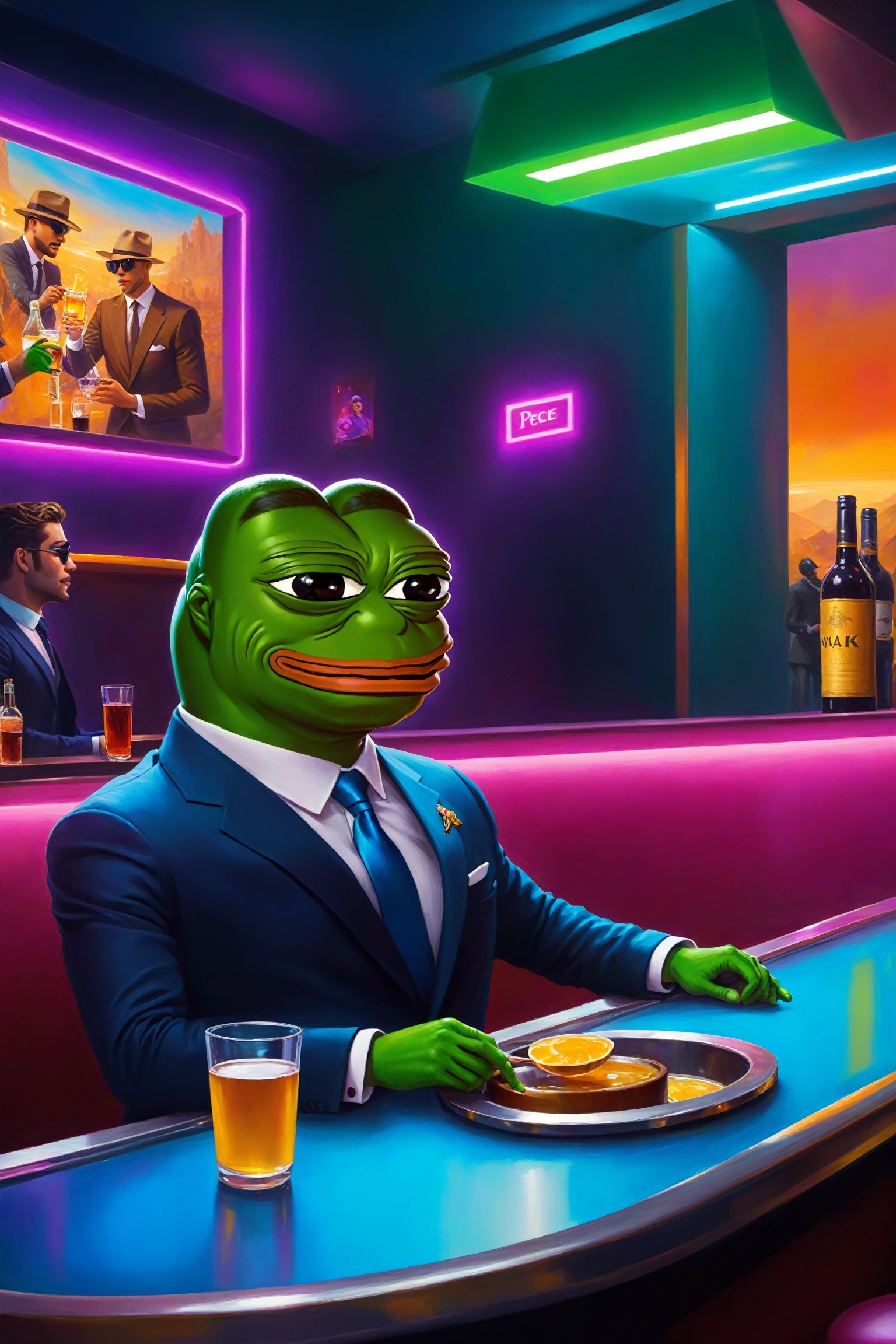 Pepe the frog and chad wojak both wearing nice suit, feels good, inside a futuristic bar, fantasy, Oil painting, heavy brush strokes, colourful, epic art, (masterpiece, highres, high quality:1.2), ambient occlusion, low saturation, High detailed, Detailedface, Dreamscape, cyberpunk style,Wojak