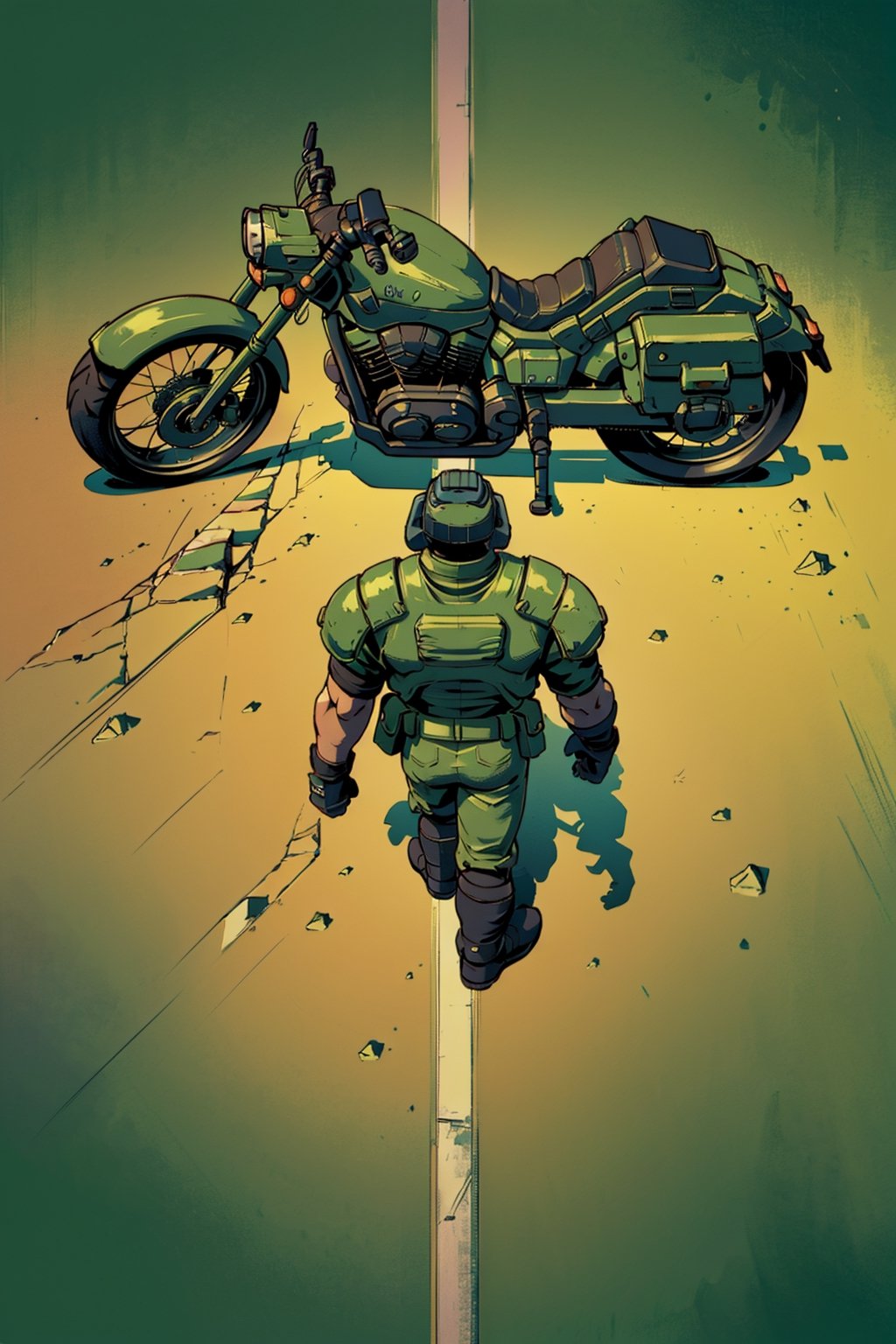 1boy(doomguy tall, young, muscular) from above, from behind, solo, walking,  armband, ground vehicle, green advanced Motorcycle, (masterpiece, highres, high quality:1.2), ambient occlusion, outstanding colors, low saturation,High detailed,Detailedface,Dreamscape,akiraposter