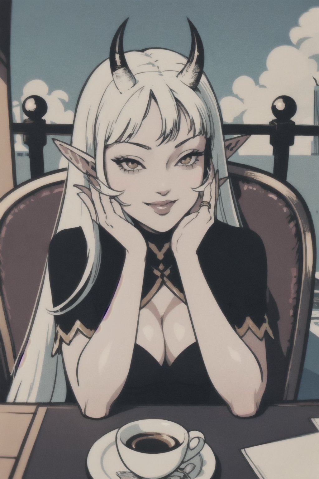 pov across table, looking at viewer, sitting, solo, cup of coffee, table, plate, fork, depth of field, food, spoon, head rest, woman\(slim body, young, Oni horns, demon elf ears, long white hair, red eyes, jewelery, bridal gauntlets, rings, amulets, eyelashes, large cleavage, wearing full harem dress, sandal, feminine, beautiful, mistress\), The scene should convey a seductive and smug smile expression on her face, with an air of arrogance as she maintains eye contact with the viewer, blurry background(luxurious arabian balcony, outdoor, sky, day, Dubai city, pillows),(masterpiece, highres, high quality:1.2), ambient occlusion, low saturation, High detailed, Detailedface, break CONCEPT_pov_dating_ownwaifu,www.ownwaifu.com