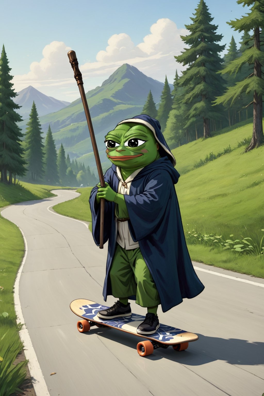 score_9, score_8_up, score_7_up, Pepe(frog, old, wearing wizard robe, long white beard, wizard, holding long staff), on a skateboard, background(rural road, lakeside, forest, day),(masterpiece, highres, high quality:1.2), ambient occlusion, low saturation, High detailed, Detailedface, (shot from distance),Wojak, 2d