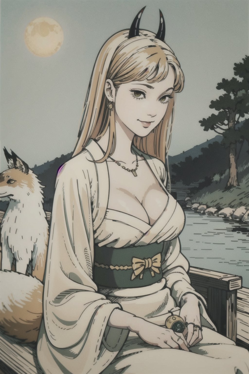 woman\(slim body, long blonde hair, yellow eye color, horns, jewelery, bridal gauntlets, rings, amulets, eyelashes, big breasts, large cleavage, wearing yukata, sandal, feminine, beautiful, mistress, holding a fox\) The scene should convey a seductive smile on her face, with an air of smugness as she maintains eye contact with the viewer, (faull body), sitting, background(rural area, animals, day, sky, sun),(masterpiece, highres, high quality:1.2), ambient occlusion, low saturation, High detailed, Detailedface, (shot from distance)