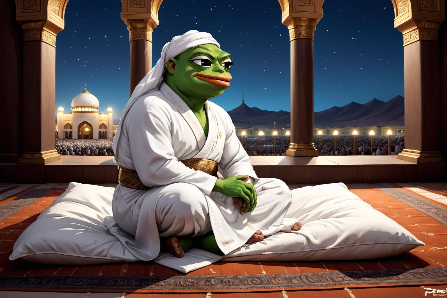 pepe(frog, wise, quiet, wearing white Ihram, Arabian outfit, muscular, tall), (full body) performing prayers on a mattress, background(Kaaba, mecca, night),(masterpiece, highres, high quality:1.2), ambient occlusion, low saturation, High detailed, Detailedface, (shot from distance), Ramadan, Islam 