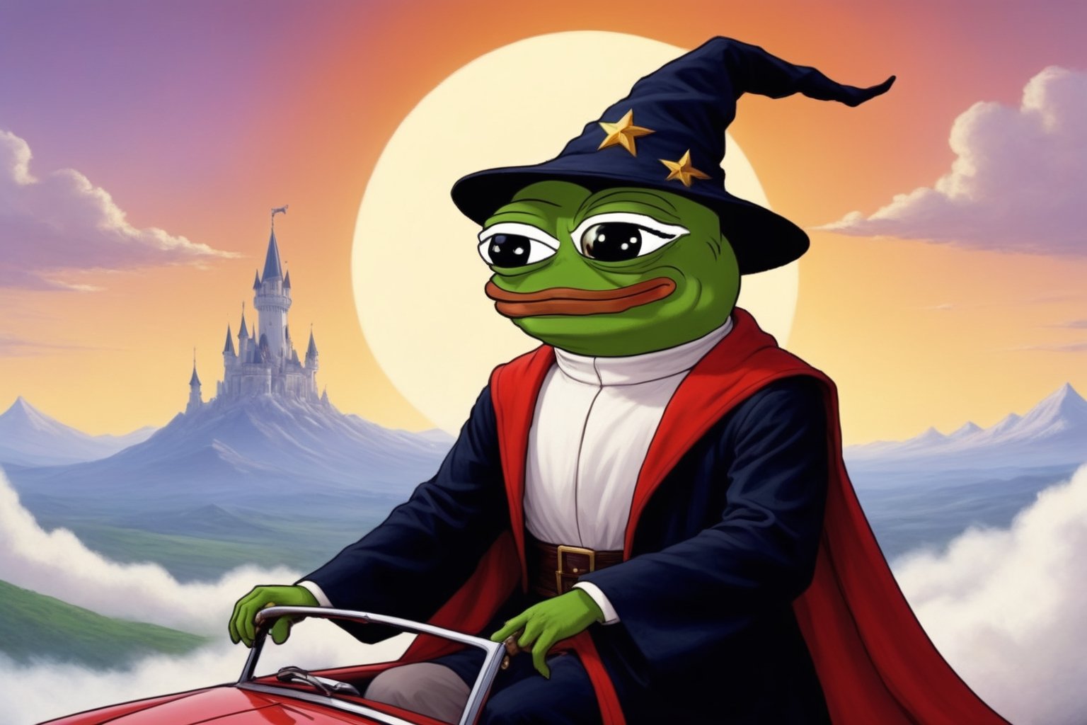 Pepe(frog, old, wearing wizard robe, long white beard, wizard hat, smug), riding a  magical classic car that is flying in the sky, background(sky, day),(masterpiece, highres, high quality:1.2), ambient occlusion, low saturation, High detailed, Detailedface, (shot from distance),Wojak, 2d