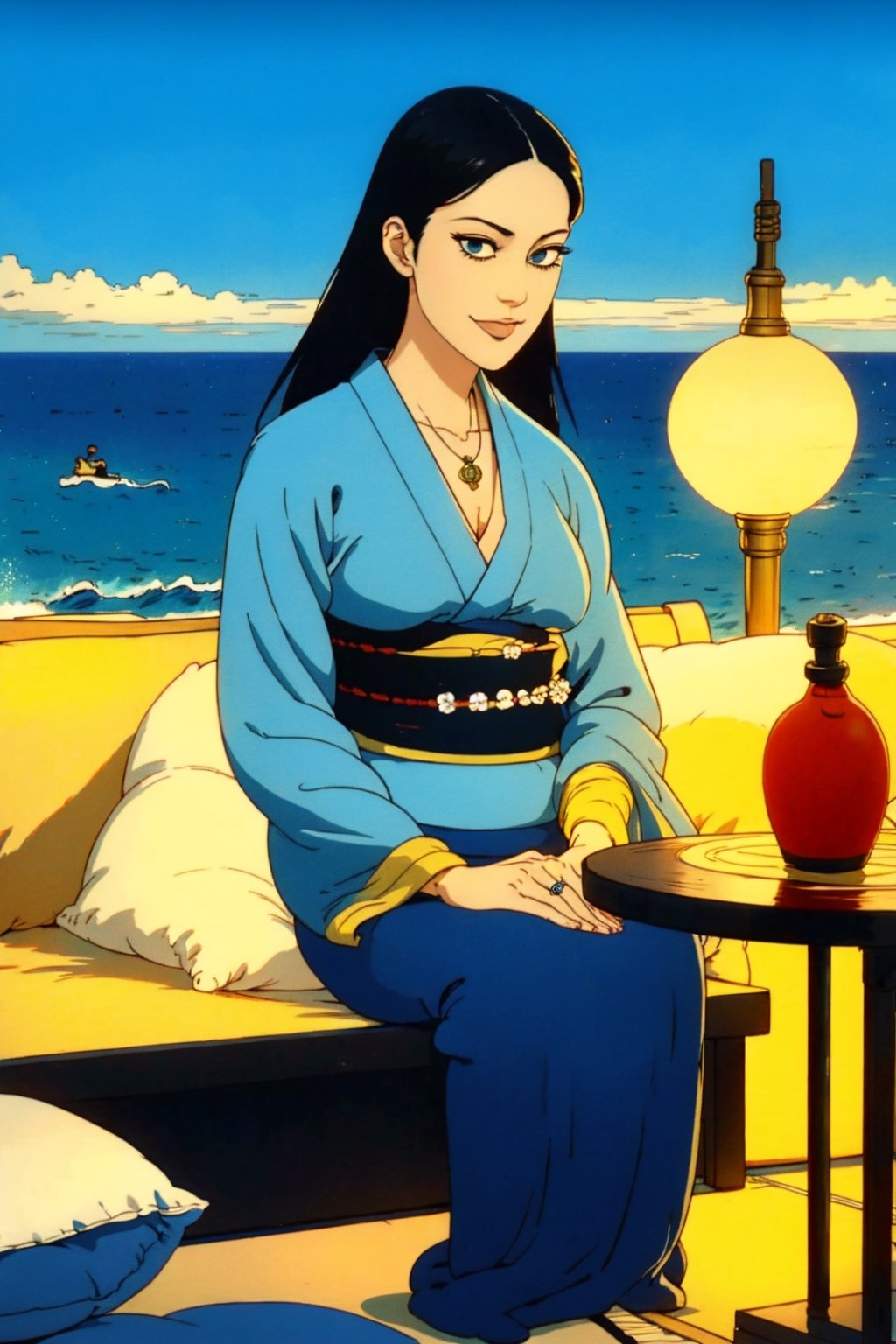 woman\(unohana retsu, mature body, perfect body, black hair, blue eye color, jewelery, bridal gauntlets, rings, amulets, eyelashes, large breasts, large cleavage, pregnant, wearing yukata, sandal, feminine, beautiful, mistress\) The scene should convey a seductive and arrogant smug expression on her face, with an air of arrogance as she maintains eye contact with the viewer, (full body), sitting, background(outdoor, restaurant, ocean, pillows, sky, day, sun, table(sake), pots with flowers),(masterpiece, highres, high quality:1.2), ambient occlusion, low saturation, High detailed, Detailedface