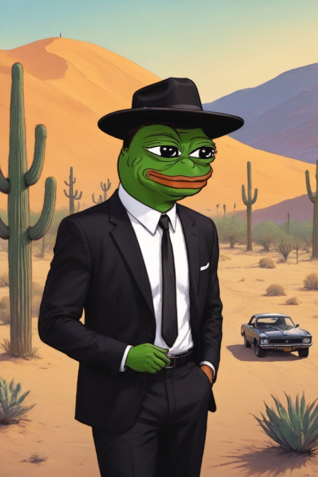 score_9, score_8, score_7, Pepe(frog, green hands, tall, young, wearing black business suit with tie, cowboy hat, smoking cigarette), in front of his classic vintage car, background(Mojave desert, night), background(outdoor, day),(masterpiece, highres, high quality:1.2), ambient occlusion, low saturation, High detailed, Detailedface, (shot from distance),Retro art,Wojak