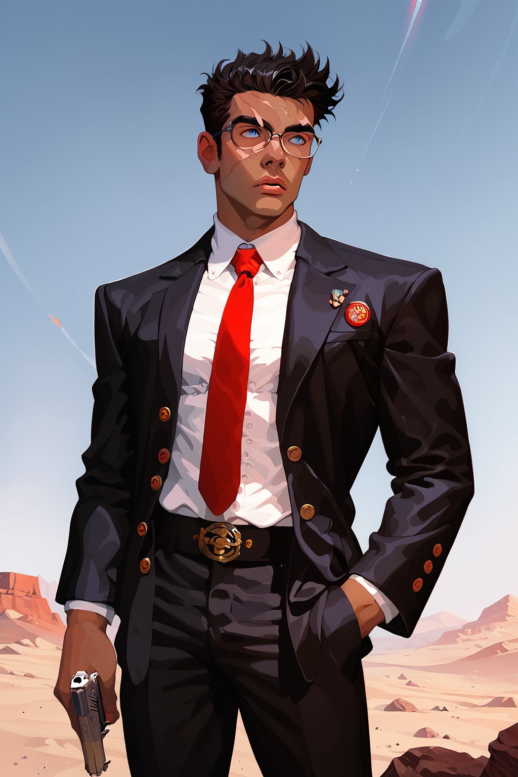 score_9, score_8, score_7, score_7_up, score_8_up, male focus, man\(young, 20 year old, handsome, masculine, wearing black business suit with red tie and (cowbow hat), glasses, pip-boy on his left arm, tanned skinned, scars, short black hair, tall, muscles, strong jaw, sharp cheekbones, thin lips, blue eyes, hand in pocket\), standing, holding a pistol, flat expression, looking away, mojave desert,falloutcinematic, retro futurism, western style, fallout, g4n1m3