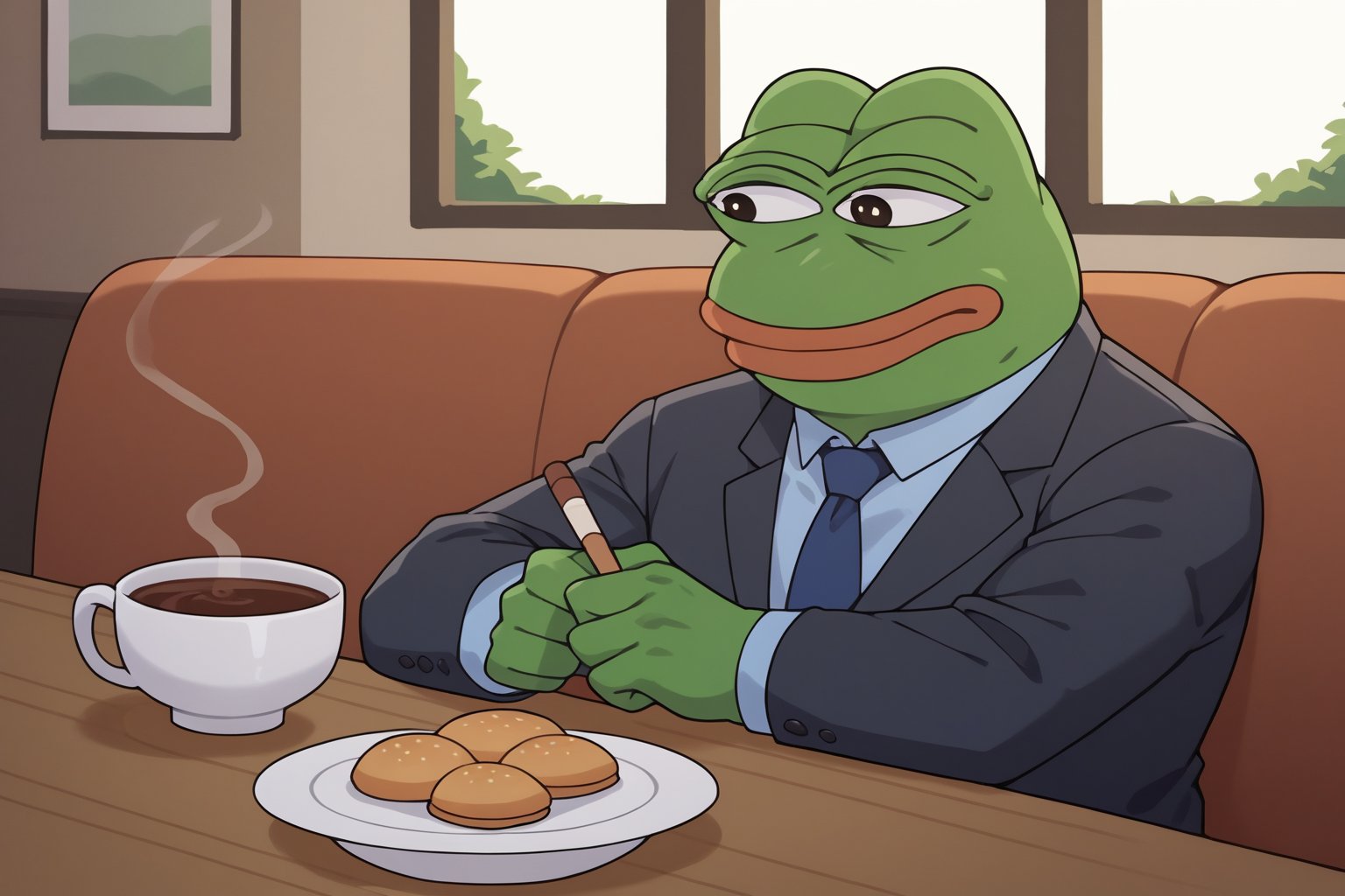 score_9, score_8, score_7, score_7_up, score_8_up, pepe the frog wearing black business suit, smoking a cigar, upper body, coffee, sitting on a chair, BREAK, café, interior, multiple girls in background