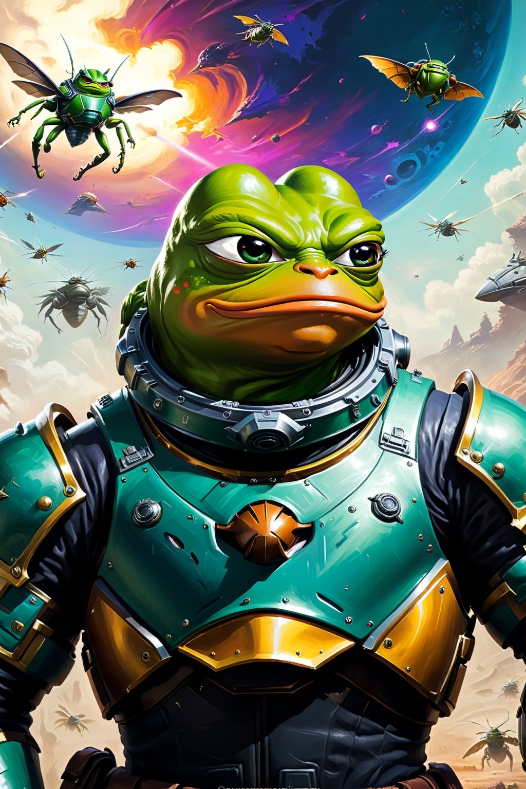 Pepe the frog wearing helldiver Armor, fighting against giant alien insects, background(alien planet), fantasy, Oil painting, heavy brush strokes, colourful, epic art, (masterpiece, highres, high quality:1.2), ambient occlusion, low saturation, High detailed, Detailedface, Dreamscape