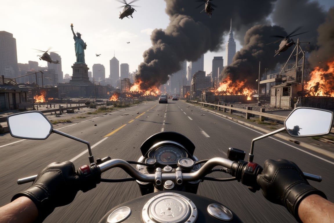 In this intense, highly detailed first-person POV, you're gripping the handlebars of a powerful motorcycle as you speed down a desolate road. Ahead, the iconic skyline of New York City looms, but it’s a scene of chaos—flames engulf buildings, and thick black smoke rises into the air, casting a grim pall over the city. The once-bustling streets are littered with debris, abandoned vehicles, and signs of devastation.

In the distance, helicopters swarm like locusts, their blades cutting through the smoke-choked sky as they fire upon armed factions below. You hear the echo of gunfire and the thunderous rumble of explosions as the civil war rages through the streets. The Statue of Liberty, barely visible through the smoke and fire, stands as a stark reminder of a fractured nation.

As you weave through the crumbling infrastructure, debris flies past you, the heat of the nearby fires palpable even at your speed. Overhead, helicopters circle, gunshots ringing out as factions battle for control. The roar of the motorcycle engine mixes with the cacophony of war, your vision constantly catching glimpses of burning skyscrapers, shattered windows, and the distant roar of rioters and combatants in the heart of the city.