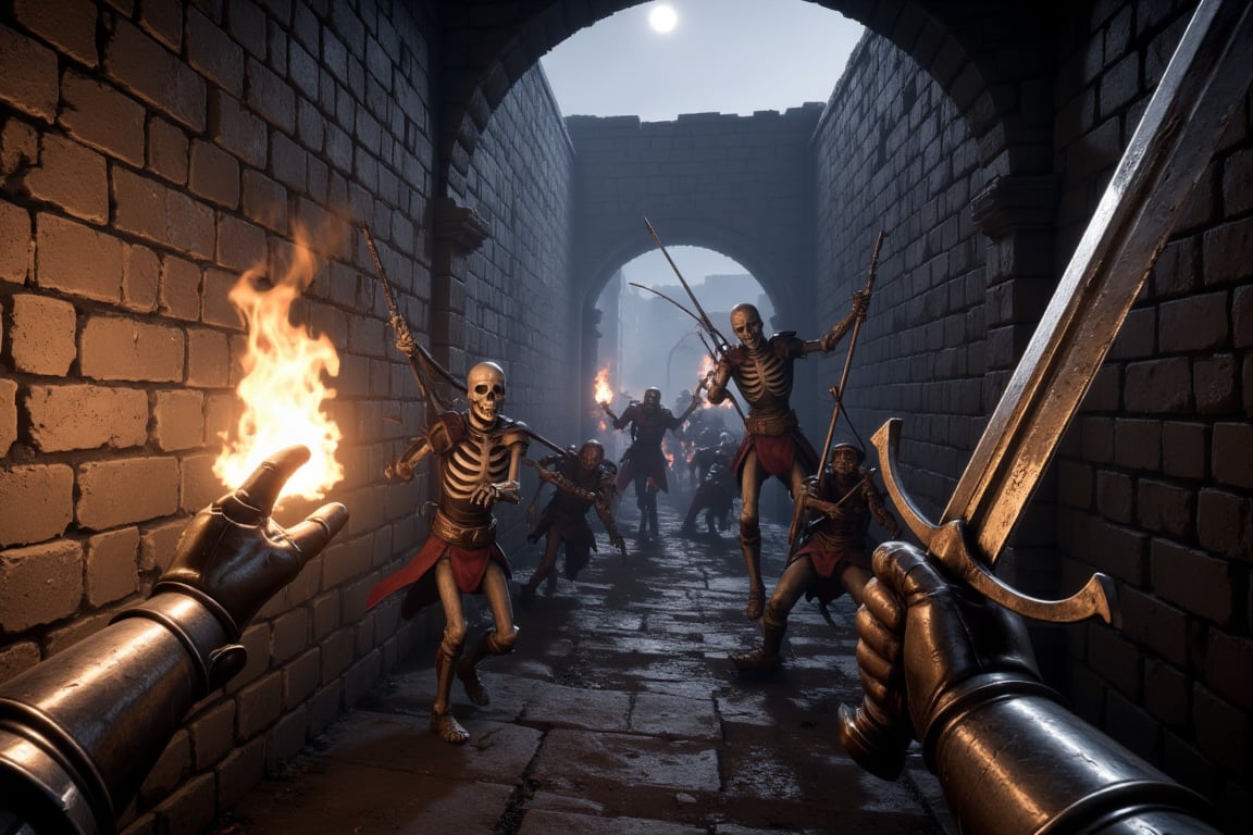 A realistic first-person perspective shows the knight’s armored hand gripping a torch in one hand, casting flickering shadows along the cold, stone walls of the dungeon. In the other hand, he holds a heavy sword, its blade gleaming in the torchlight, poised for battle.

Skeletal undead warriors charge forward, their rusted swords and spears raised, while others lurk in the shadows, their bows drawn, arrows ready to fire. Their hollow, glowing eyes seem to pierce through the dim light, and the clatter of their bones echoes throughout the narrow passageway. The claustrophobic atmosphere intensifies as the knight braces for the relentless assault.