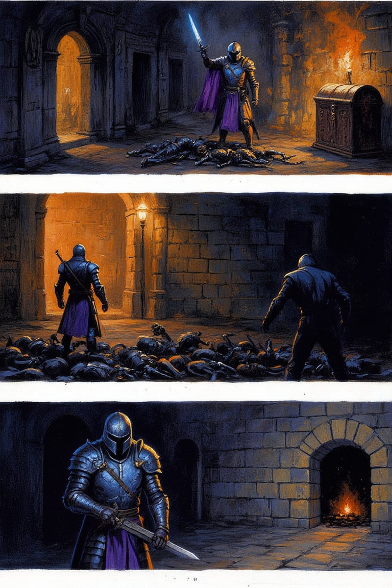 Three-Panel Comic Prompt: Knight's Victory and the Mysterious Chest
Art Style: Utilize vivid, eldritch oil painting techniques combined with sharp textures of colored pencil. Focus on dark, unnatural hues for the knight's armor and bright, contrasting colors for the defeated undead skeletons.

Panel 1: Victorious Stance
Description: The knight stands triumphantly over the fallen skeletons in the dimly lit dungeon corridor. His sword is raised high, reflecting the flickering torchlight, showcasing his victory. The defeated skeletons lie scattered at his feet, their hollow eyes dark and lifeless.
Elements:
Background: Dark stone walls adorned with ancient carvings, enhancing the eerie atmosphere.
Lighting: The torchlight casts dramatic shadows, emphasizing the knight's muscular form and the defeated foes.
Knight's Expression: His posture radiates confidence and resilience, despite his face being obscured by the helmet.
Panel 2: The Mysterious Chest
Description: The knight approaches a weathered chest located at the side of the dungeon. The chest is ornate, with intricate carvings and a faint glow emanating from the cracks. The knight stands before it, peering curiously, his torch casting light over its surface.
Elements:
Chest Details: Highlight the ornate designs and the mysterious aura surrounding it, suggesting hidden treasures or secrets within.
Knight's Posture: Slightly bent forward, indicating intrigue and anticipation.
Background: Shadows dance around the chest, enhancing its mysterious nature.
Panel 3: The Empty Chest
Description: The knight stands back from the chest, which is now wide open. Inside, there is nothing but darkness, with a faint echoing emptiness that contrasts sharply with the knight's hopeful anticipation. The light from the torch does not reach deep inside the chest.
Elements:
Chest Interior: Depict the dark void inside, adding an unsettling, mysterious feel.
Knight's Expression: His posture shifts to one of disappointment and confusion, his sword lowered slightly as he processes the lack of treasure.
Atmosphere: The dungeon feels heavier, filled with questions and an air of mystery.