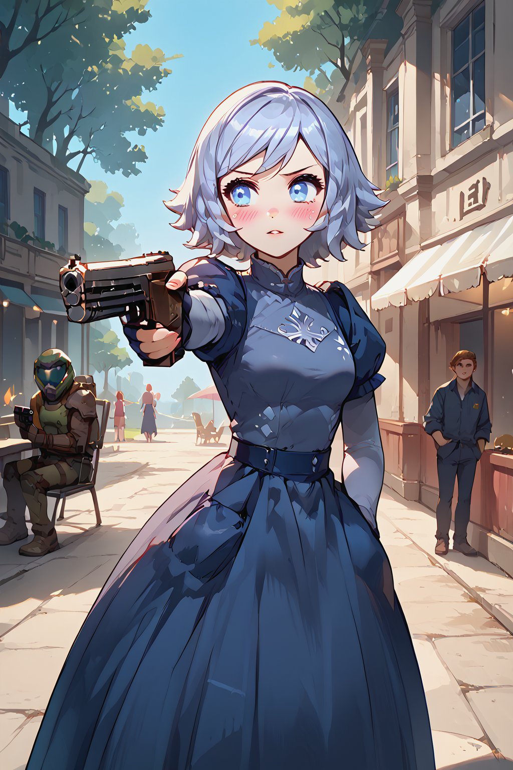 score_9, score_8, score_7, score_7_up, score_8_up, 1boy\(male human, tall, armor, Doomguy Helmet\) with 1girl\(Emily, shy smile, blushing, short, pouty lips, wearing a dress, TURKISH KILLER POSE,HOLDING HANDGUN,LOOKING AT GUN, AIMING, HAND IN POCKET), park, hetero, western style