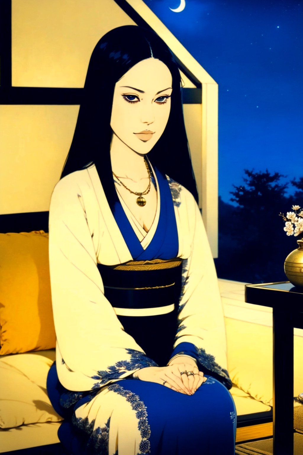 woman\(unohana retsu, mature body, perfect body, black hair, blue eye color, jewelery, bridal gauntlets, rings, amulets, eyelashes, large breasts, large cleavage, wearing yukata, sandal, feminine, beautiful, mistress\) The scene should convey a seductive and arrogant smug expression on her face, with an air of arrogance as she maintains eye contact with the viewer, (full body), sitting, background(luxurious japanese balcony, pillows, sky, night, moon, table(sake), pots with flowers),(masterpiece, highres, high quality:1.2), ambient occlusion, low saturation, High detailed, Detailedface