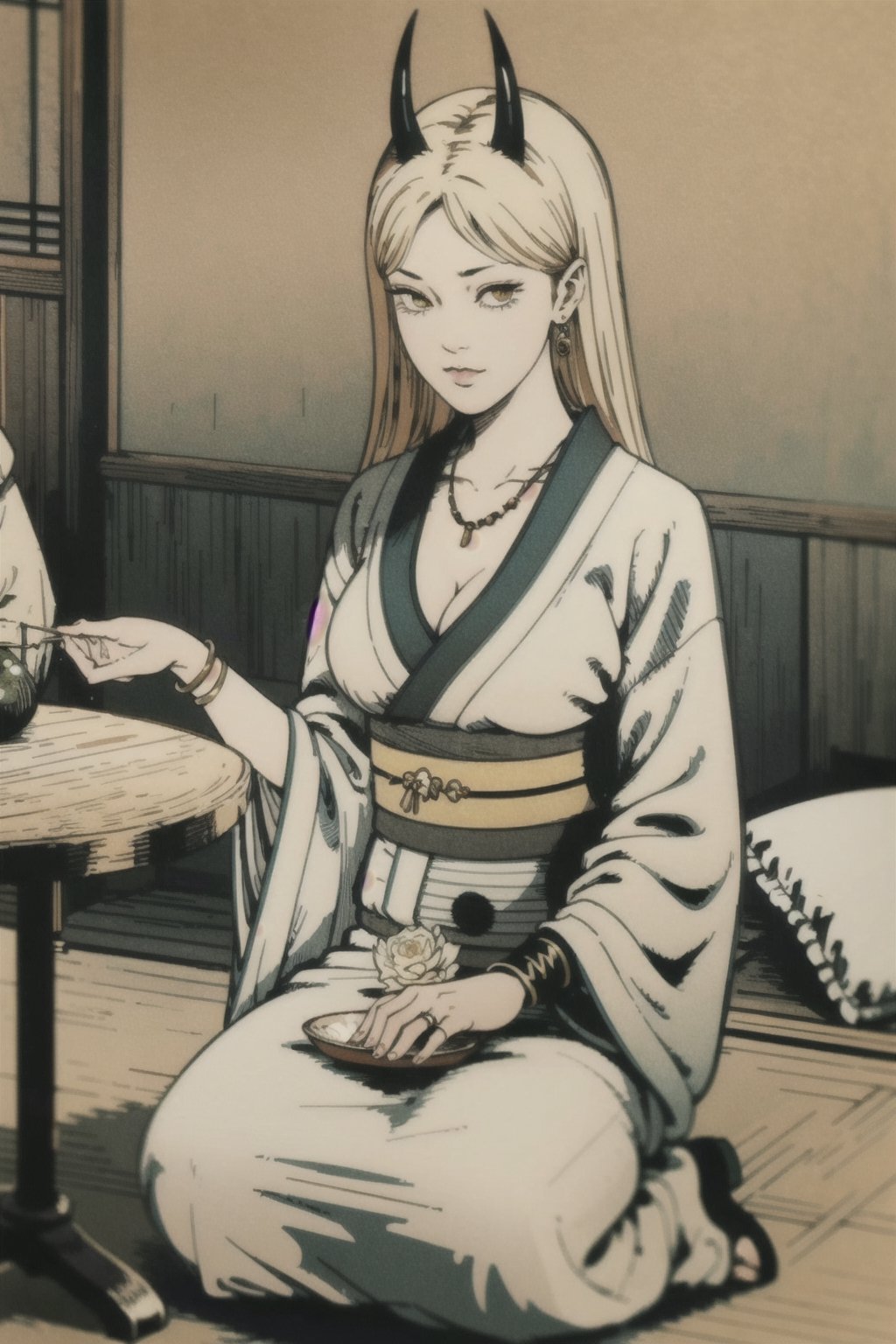 woman\(slim body, long blonde hair, yellow eye color, horns, jewelery, bridal gauntlets, rings, amulets, eyelashes, big breasts, large cleavage, wearing yukata, sandal, feminine, beautiful, mistress\) The scene should convey a seductive and arrogant smug expression on her face, with an air of smugness as she maintains eye contact with the viewer, (full body), sitting, background(luxurious japanese restaurant, pillows, table(sake, rice), pots with flowers),(masterpiece, highres, high quality:1.2), ambient occlusion, low saturation, High detailed, Detailedface