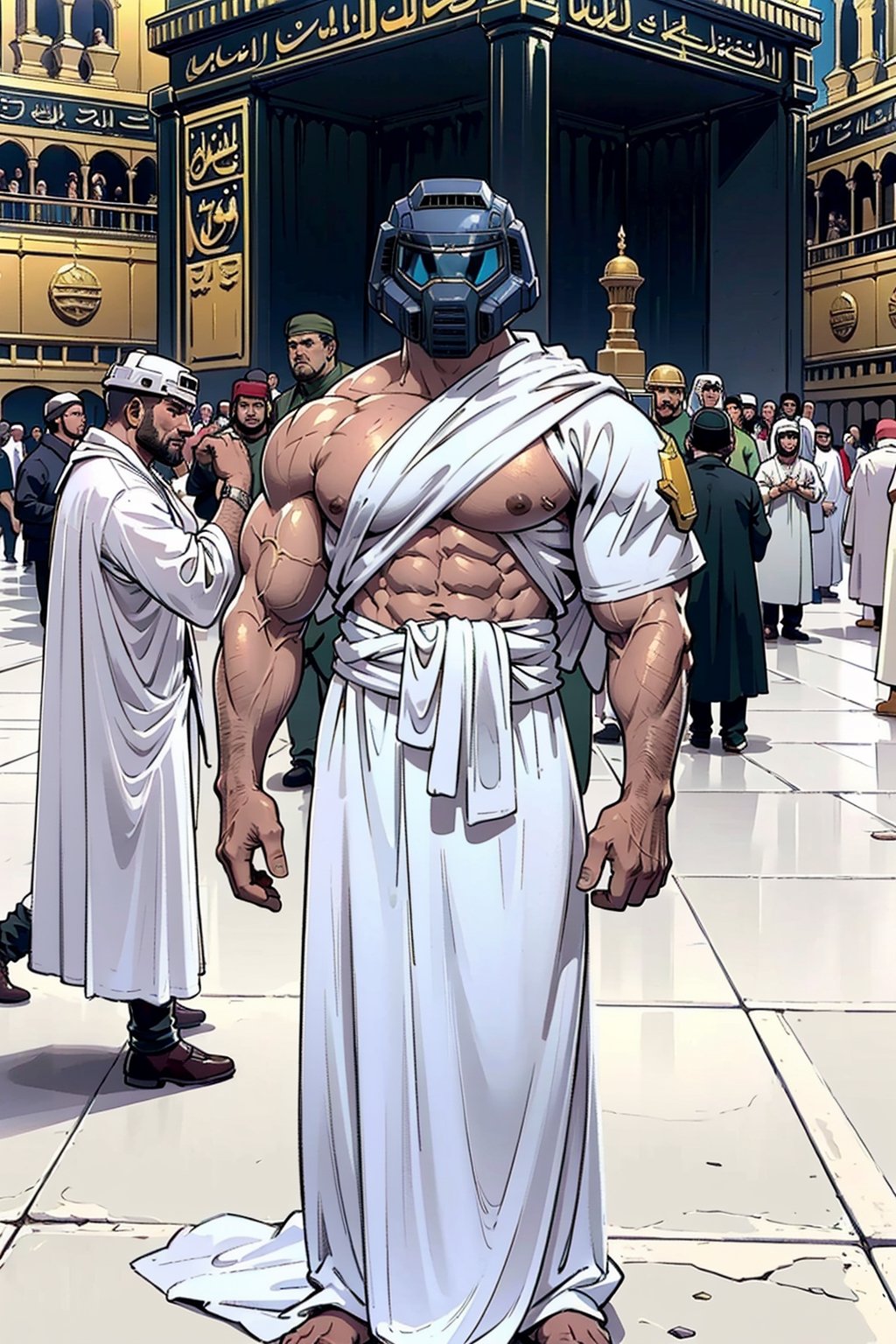 Doomguy(bodybuilder, tall, naked but wearing white robe Ihram and helmet) standing, (shot from distance), background(mecca, kaaba, islam) (masterpiece, highres, high quality:1.2), ambient occlusion, outstanding colors, low saturation,High detailed, Detailedface, Dreamscape