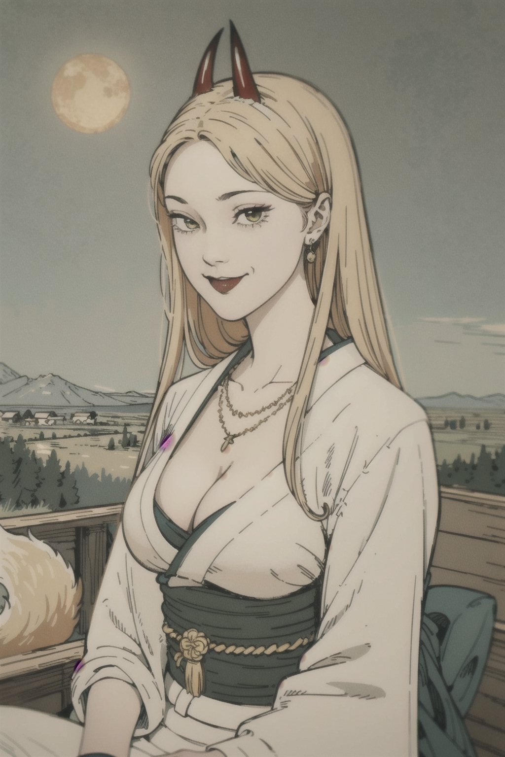 woman\(slim body, long blonde hair, yellow eye color, horns, jewelery, bridal gauntlets, rings, amulets, eyelashes, big breasts, large cleavage, wearing yukata, sandal, feminine, beautiful, mistress, holding a fox\) The scene should convey a seductive smile on her face, with an air of smugness as she maintains eye contact with the viewer, (faull body), sitting, background(rural area, animals, day, sky, sun),(masterpiece, highres, high quality:1.2), ambient occlusion, low saturation, High detailed, Detailedface, (shot from distance)