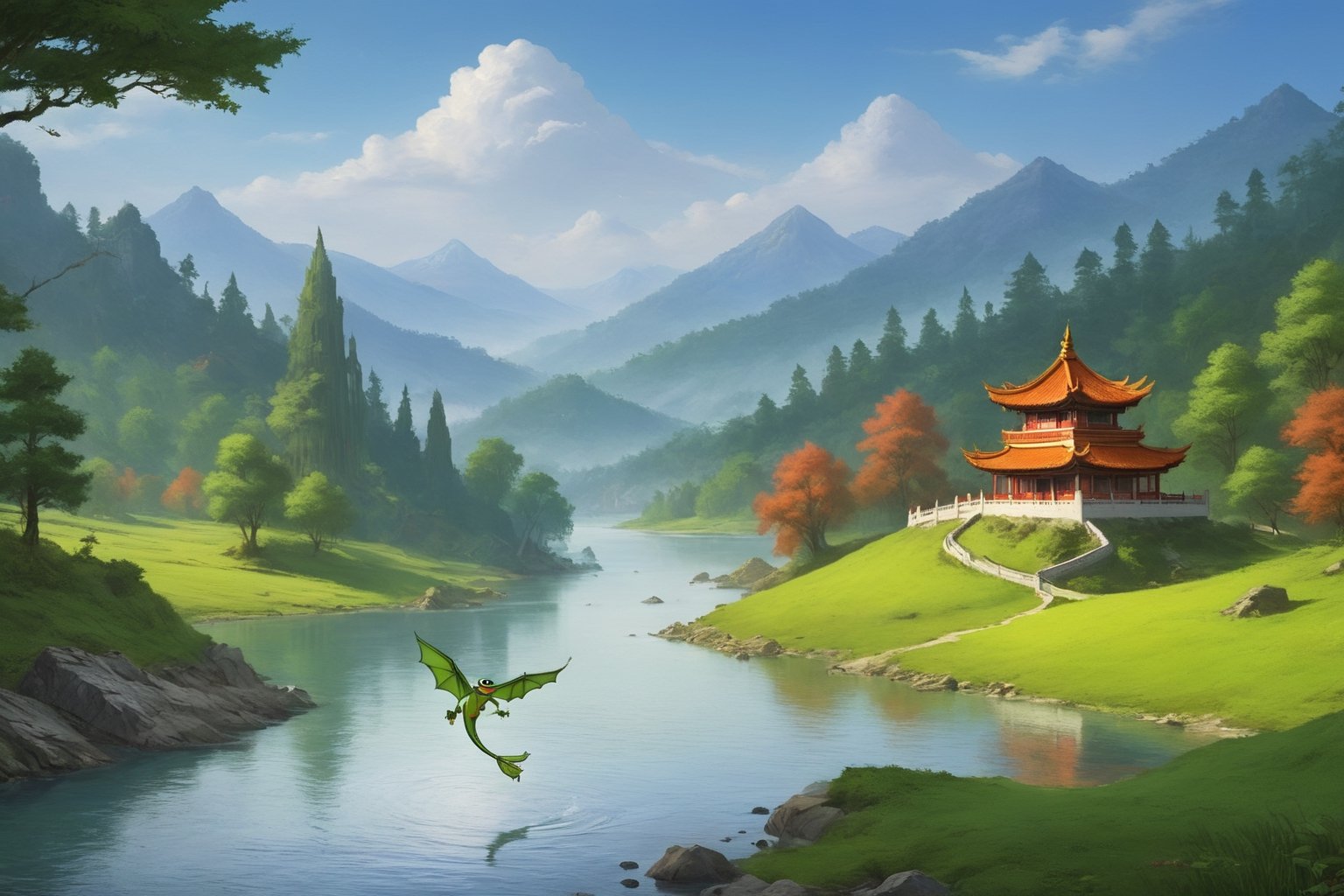 Pepe(frog, old, dragon skin, wearing Xianxia outfit, long white beard), flying in the air, background(rural area, lakeside, forest, day),(masterpiece, highres, high quality:1.2), ambient occlusion, low saturation, High detailed, Detailedface, (shot from distance), 2d, Xianxia fantasy