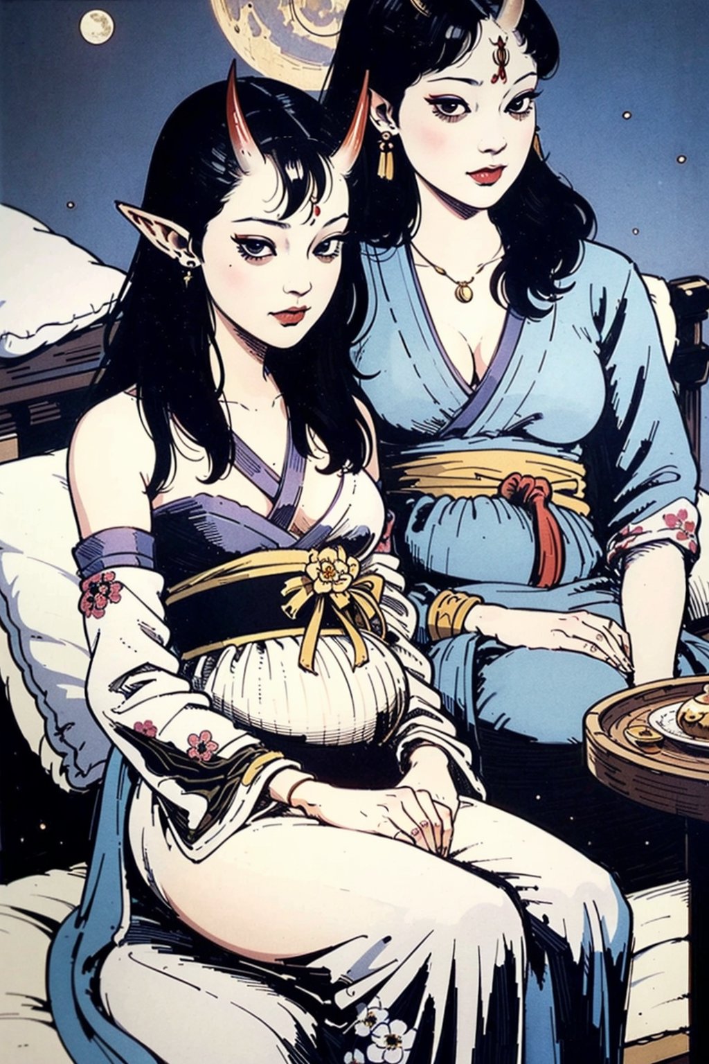 woman(slim body, long black hair, red eye color, jewelery, bridal gauntlets, rings, amulets, eyelashes, large cleavage, wearing yukata, pregnant, sandal, feminine, beautiful, mistress, succubus, oni horns, demon elf) The scene should convey a seductive and arrogant smug expression on her face, with an air of arrogance as she maintains eye contact with the viewer, (full body), sitting, background(luxurious japanese balcony, pillows, sky, night, moon, table(sake), pots with flowers),(masterpiece, highres, high quality:1.2), ambient occlusion, low saturation, High detailed, Detailedface