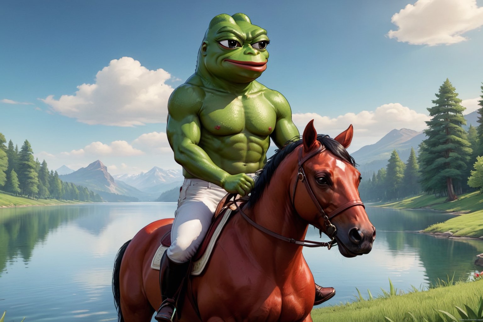 Pepe the frog(shirtless, smug look, muscular) riding a red horse, staring at you, background(lake side),(masterpiece, highres, high quality:1.2), ambient occlusion, low saturation, High detailed, Detailedface, (shot from distance)