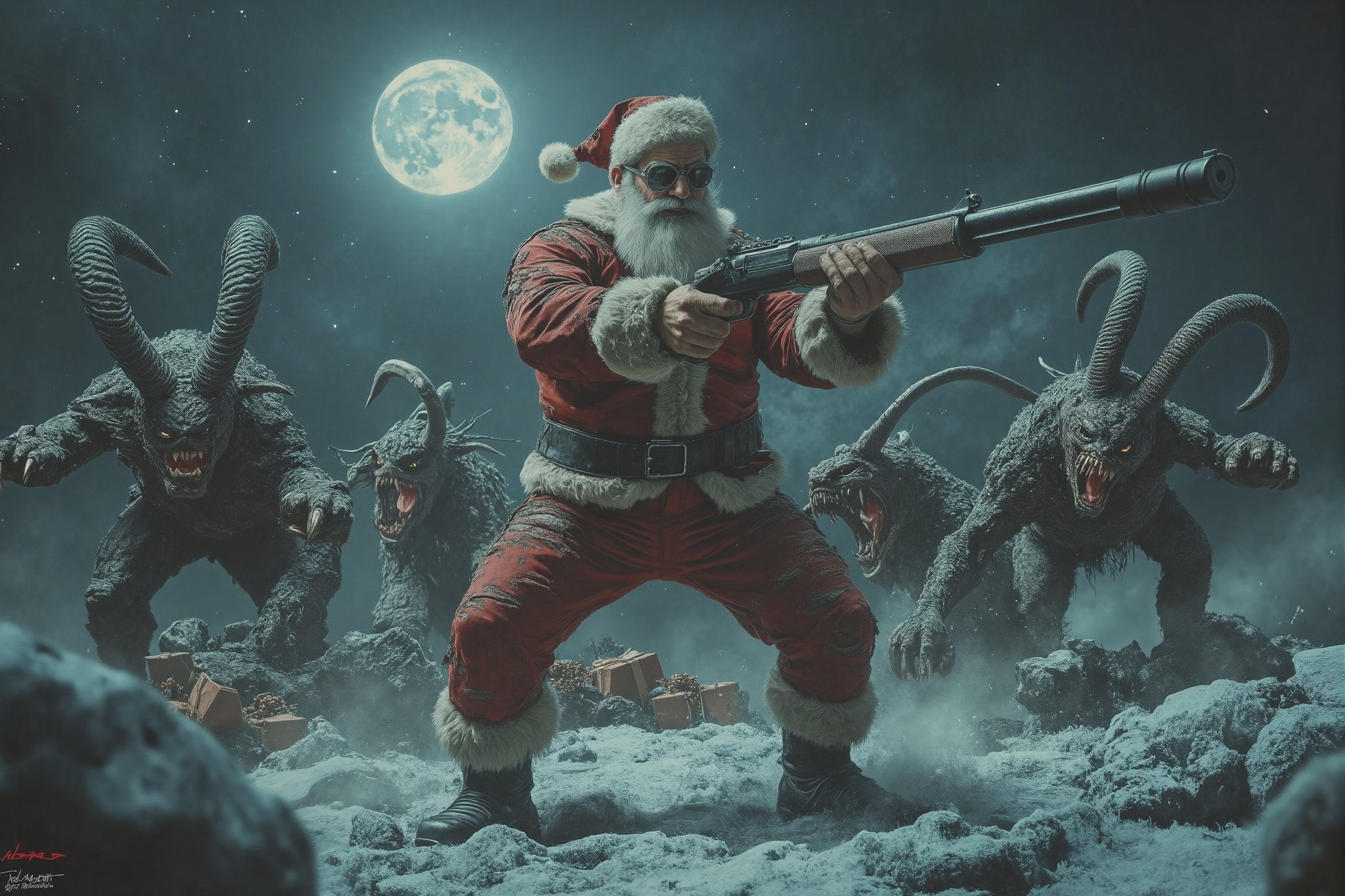 A fierce and dynamic scene Horror Poster,  Action pose,  Fantasy detailers showing a muscular Santa Claus by PepeTHunter o...