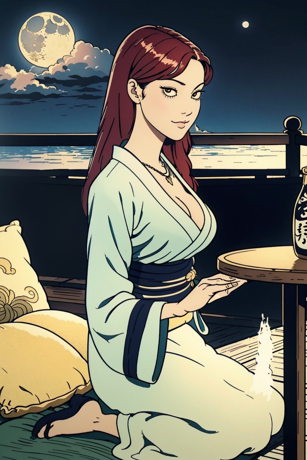 woman\(slim body, long red hair, red eye color, jewelery, bridal gauntlets, rings, amulets, eyelashes, big breasts, large cleavage, wearing yukata, sandal, feminine, beautiful, mistress\) The scene should convey a seductive and arrogant smug expression on her face, with an air of arrogance as she maintains eye contact with the viewer, (full body), sitting, background(luxurious japanese balcony, pillows, sky, night, moon, table(sake)),(masterpiece, highres, high quality:1.2), ambient occlusion, low saturation, High detailed, Detailedface