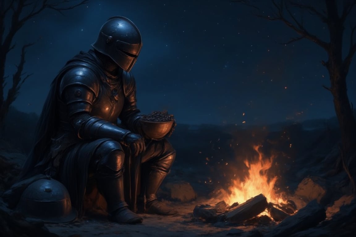 In the quiet aftermath of battle, the lone knight now sits by a crackling campfire under a starlit sky. His helmet lies beside him, his face still hidden in shadow by the dim, flickering flames. His battered armor reflects the firelight in soft, muted glows. Nearby, a small pot hangs over the fire, filled with bubbling beans that emit a comforting, earthy aroma.

The air is cool, and the night is calm. The eerie silence of the battlefield is replaced by the gentle crackle of the fire and the occasional rustling of leaves in the wind. The knight holds a simple wooden bowl, filled with beans, and eats slowly, savoring each bite. His posture is relaxed, but his hand never strays far from his sword, resting against a nearby rock.

The distant stars above provide faint light, as the knight enjoys a moment of quiet solitude, grateful for survival, yet always vigilant.