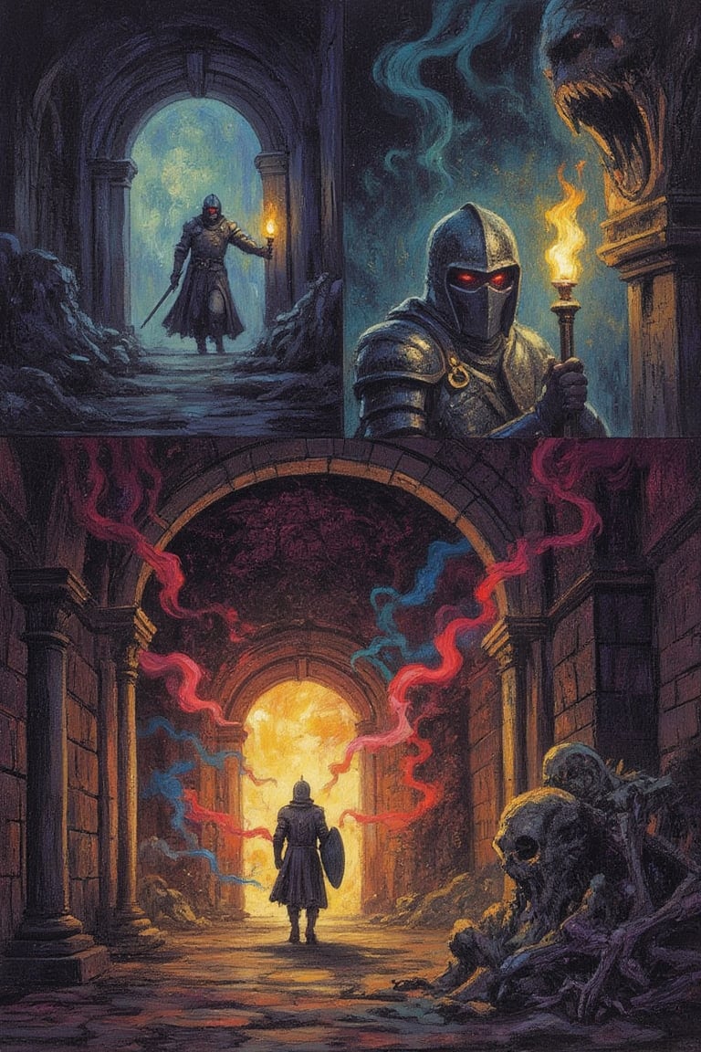 In a vivid, eldritch oil painting combined with a vintage comic style, illustrate a lone knight cautiously striding through the dimly lit corridors of a foreboding dungeon. The flickering light from a torch held in his right hand casts eerie shadows against the rough stone walls, creating a dance of light and darkness that heightens the tension in the air. The knight's face, obscured by a steel helmet, adds to the enigma of his identity, while his worn armor gleams with dark, unnatural hues, giving a spectral quality to his form.

Panel Breakdown:

Panel 1: The knight stands at the dungeon entrance, torch in hand, with ominous shadows lurking in the background.

Panel 2: A close-up of the knight’s helmet, reflecting the flickering torchlight, enhancing the mystery.

Panel 3: The knight walks down the corridor, with intricate carvings visible on the walls and shadows dancing around him.

Panel 4: A dynamic angle showing the knight raising his shield, with shadows coalescing around him, hinting at lurking threats.

Panel 5: The knight surrounded by skeletal remains, their hollow eyes staring into the abyss, with eldritch mist swirling in vivid colors.

Panel 6: A final close-up of the knight's determined eyes, illuminated by the flickering torchlight.

Art Style: Combine thick, heavy brush strokes of oil paint with sharp textures of colored pencil to create an energetic yet eerie atmosphere. Use a dark color palette with bright, vivid colors in the eldritch mist to emphasize the surreal quality of the dungeon.
