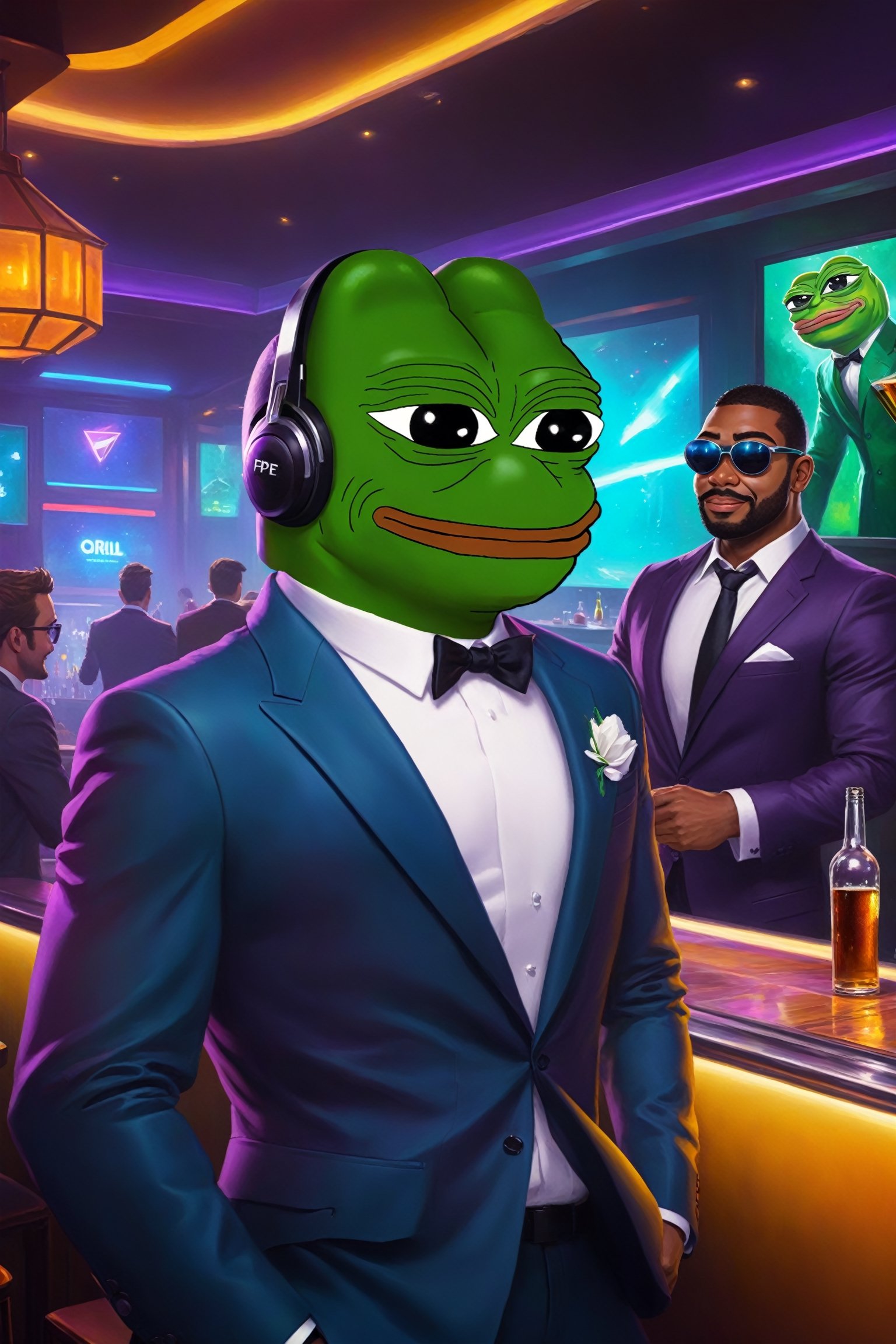 Pepe the frog and chad wojak both wearing nice suit, having a great time, feels good, friends, inside a futuristic bar, fantasy, Oil painting, heavy brush strokes, colourful, epic art, (masterpiece, highres, high quality:1.2), ambient occlusion, low saturation, High detailed, Detailedface, Dreamscape, cyberpunk style,Wojak