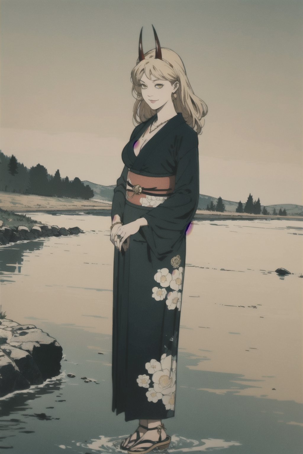 woman\(slim body, long blonde hair, yellow eye color, horns, jewelery, bridal gauntlets, rings, amulets, eyelashes, big breasts, large cleavage, wearing yukata, sandal, feminine, beautiful, mistress\) The scene should convey a seductive smile on her face, with an air of smugness as she maintains eye contact with the viewer, (full body), walking, background(rural area, river, day, sky, sun),(masterpiece, highres, high quality:1.2), ambient occlusion, low saturation, High detailed, Detailedfacez (shot from distance)