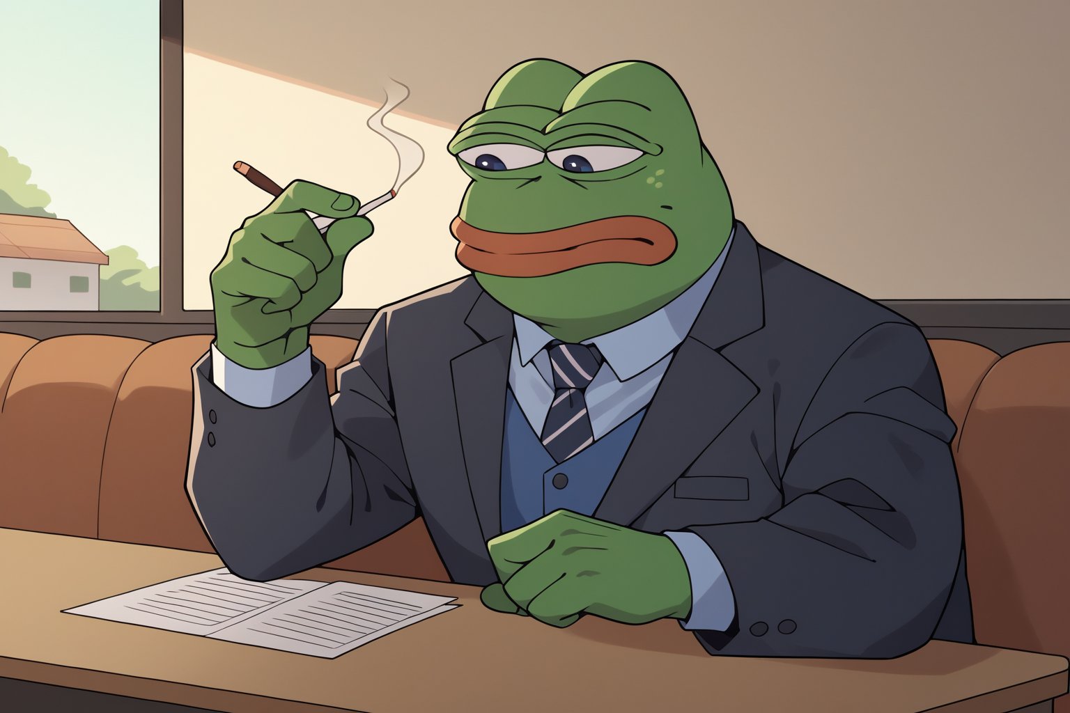 score_9, score_8, score_7, score_7_up, score_8_up, pepe the frog wearing black business suit, smoking a cigar, upper body, sitting on a chair, café, board on the wall with text("PEPE"), interior