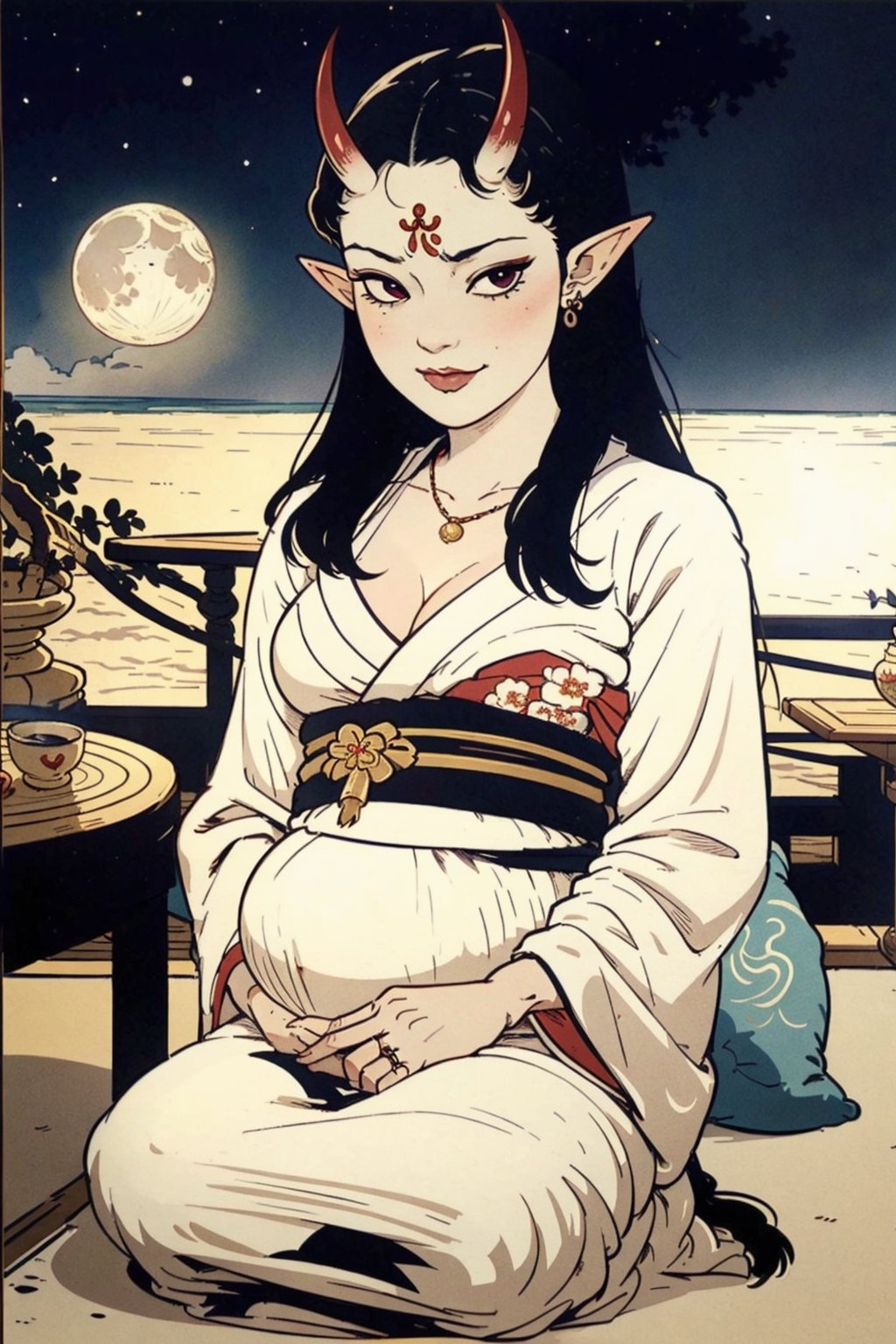 woman\(slim body, long black hair, red eye color, jewelery, bridal gauntlets, rings, amulets, eyelashes, large cleavage, wearing yukata, pregnant, sandal, feminine, beautiful, mistress, succubus, oni horns, demon elf\) The scene should convey a seductive and arrogant smug expression on her face, with an air of arrogance as she maintains eye contact with the viewer, (full body), sitting, background(luxurious japanese balcony, pillows, sky, night, moon, table(sake), pots with flowers),(masterpiece, highres, high quality:1.2), ambient occlusion, low saturation, High detailed, Detailedface